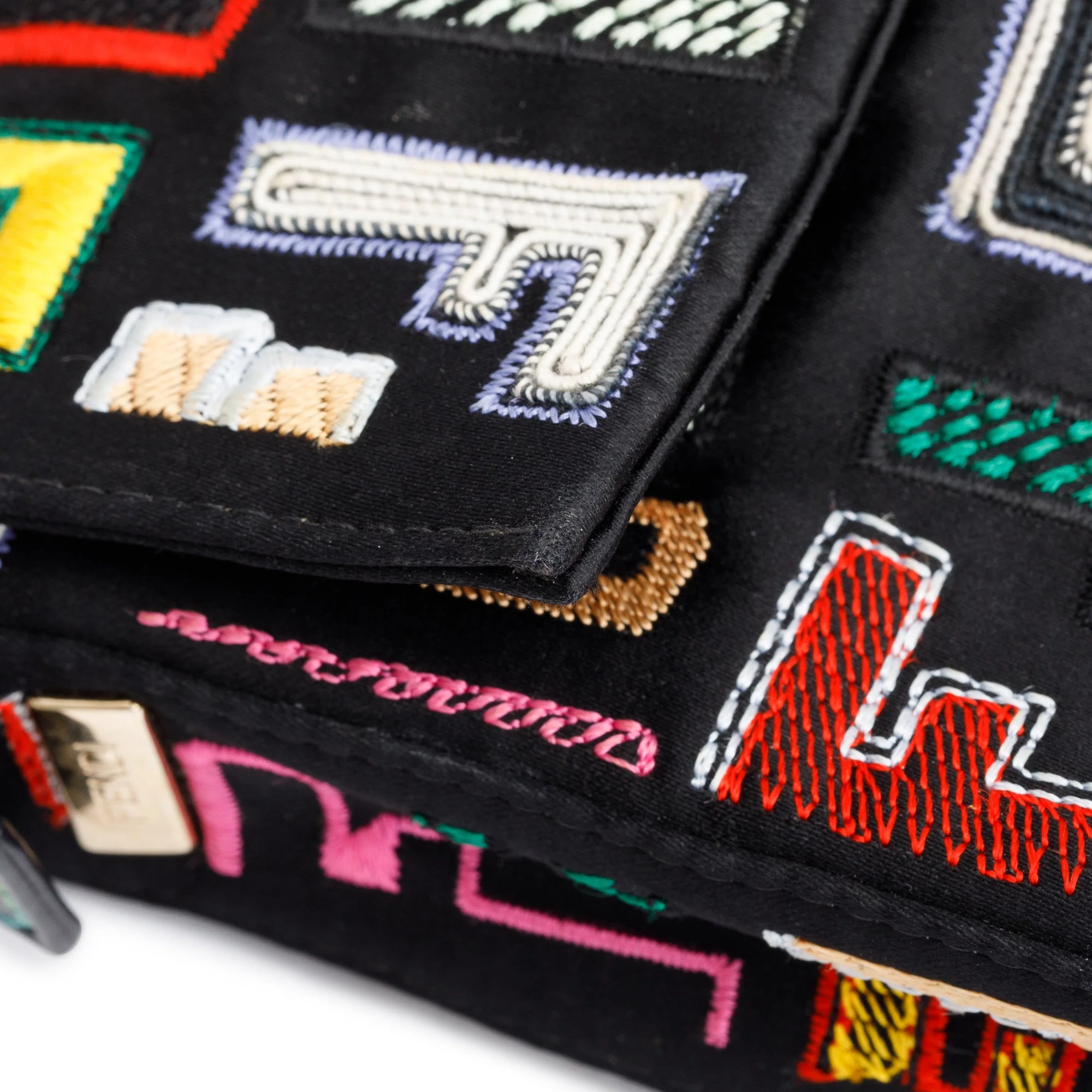 Fendi Multicolor Embroidered FF Zucca Satin Black Leather Trim Baguette Bag w/ Strap - Image 7