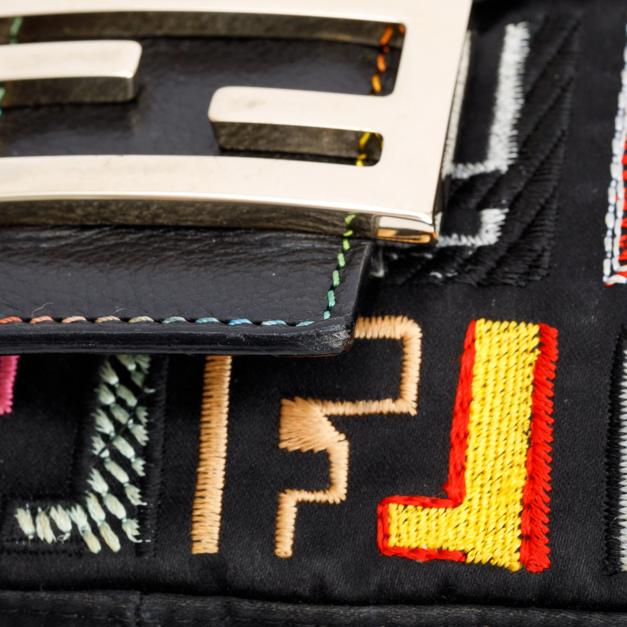 Fendi Multicolor Embroidered FF Zucca Satin Black Leather Trim Baguette Bag w/ Strap - Image 8