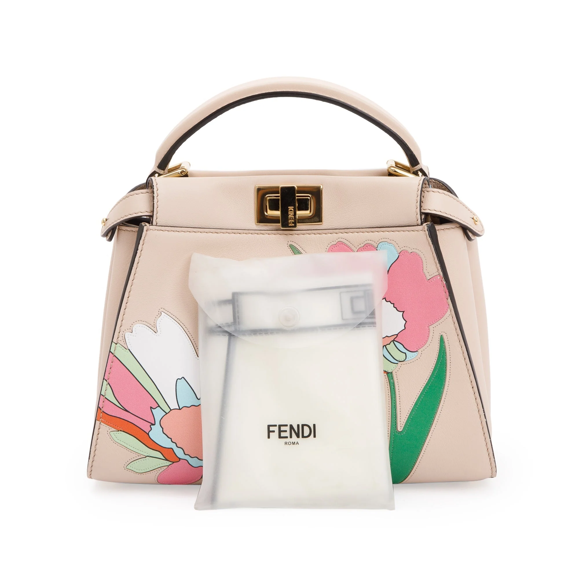 Fendi Neutral Calfskin Leather Floral Inlay Mini Peekaboo Bag w/ Strap - Image 4