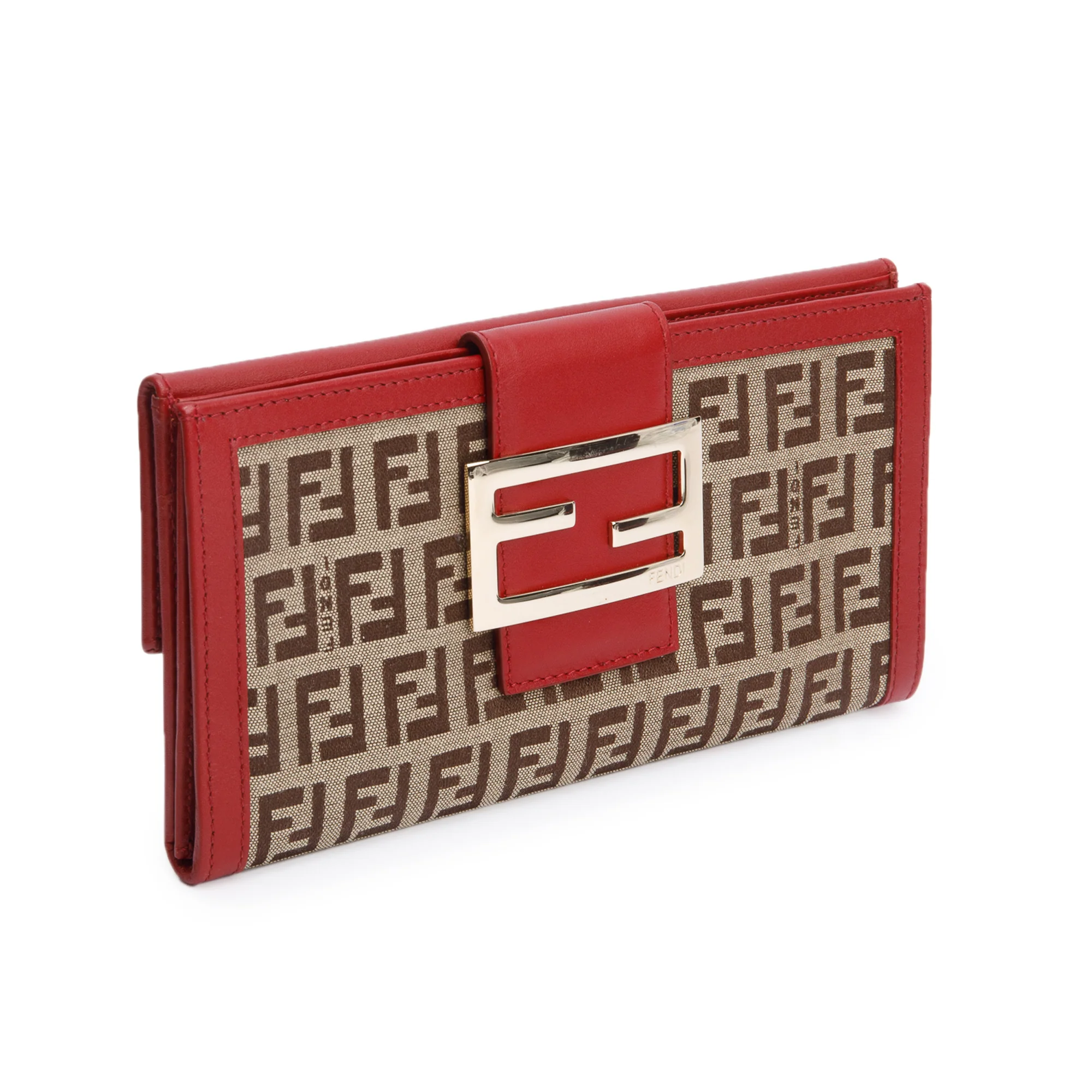 Fendi Red Leather Trim FF Zucca Canvas Continental Wallet - Image 2