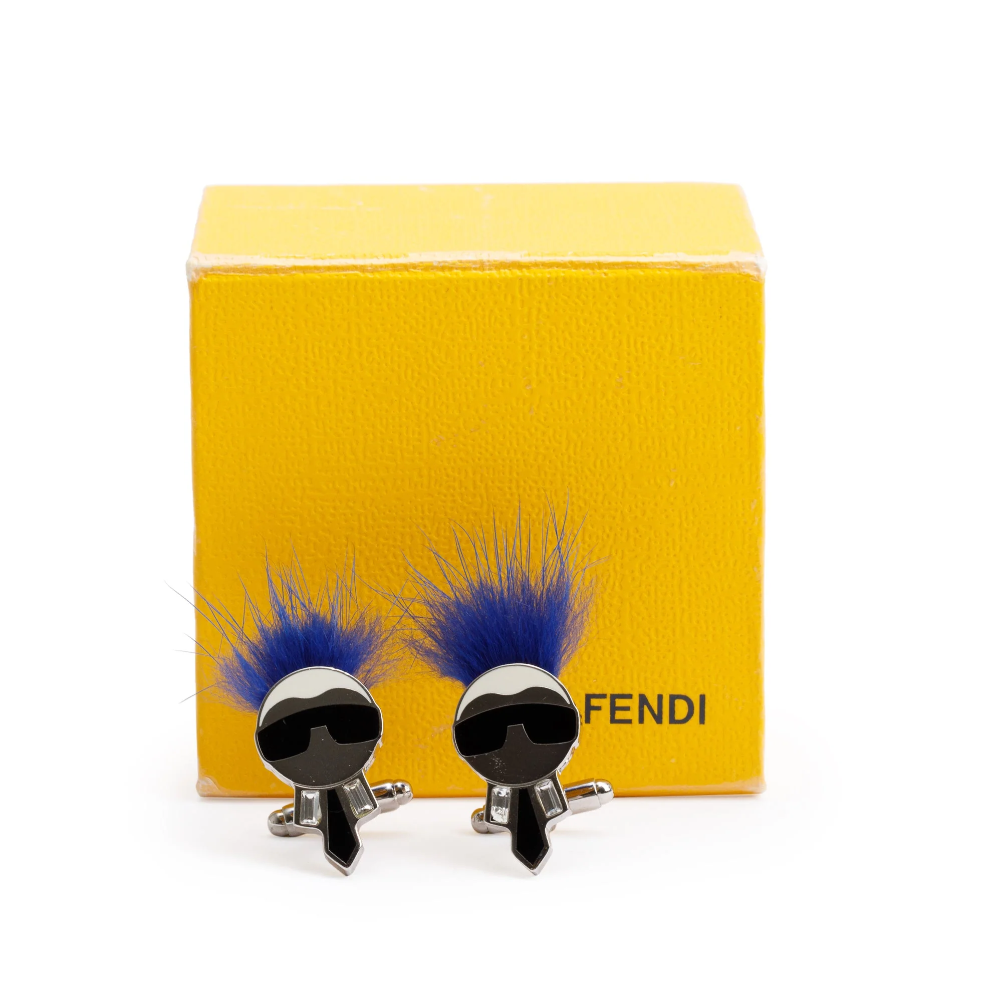 Fendi Silver Metal Blue Fox Fur Karlito Cufflinks w/ Box - Image 2
