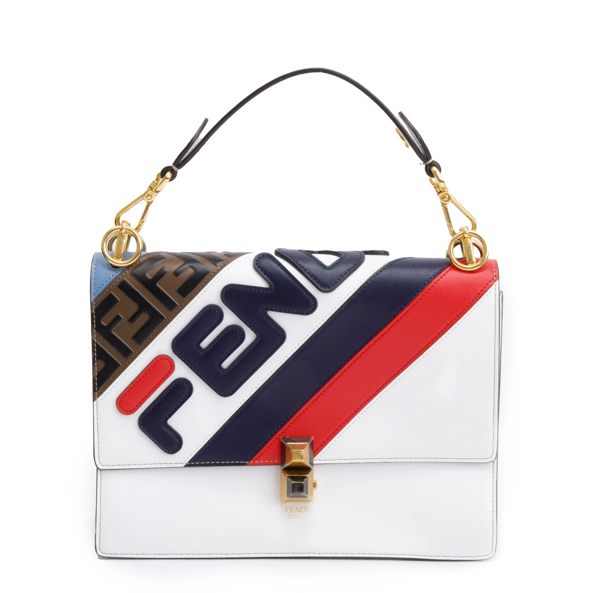 Fendi x Fila White Multicolor Calfskin Leather Logo Mania Kan I Shoulder Bag w/ Strap - Image 2
