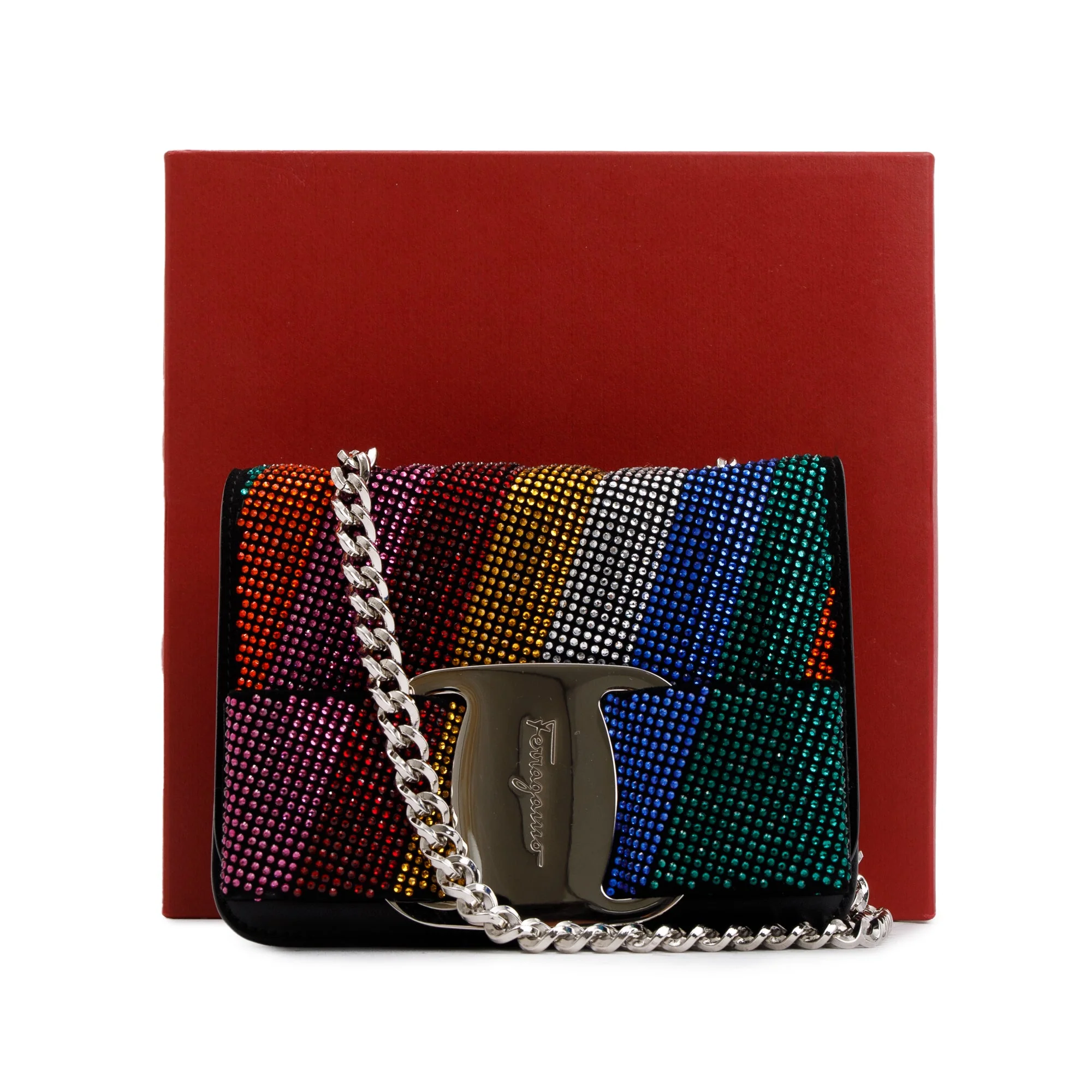 Ferragamo Black Calfskin Leather Crystal Embellished Mini Vara Rainbow Crossbody Bag w/ Box - Image 3