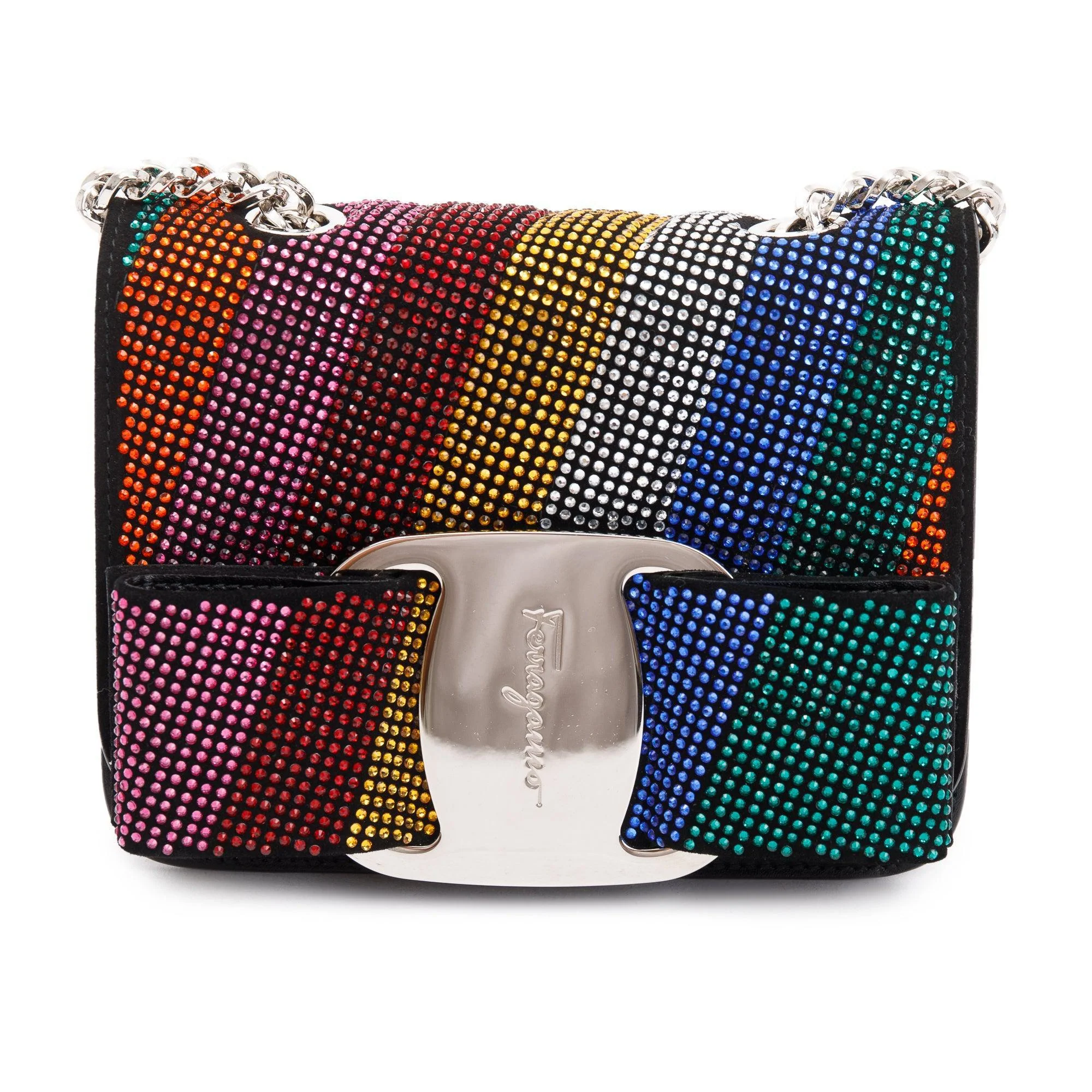 Ferragamo Black Calfskin Leather Crystal Embellished Mini Vara Rainbow Crossbody Bag w/ Box - Image 4