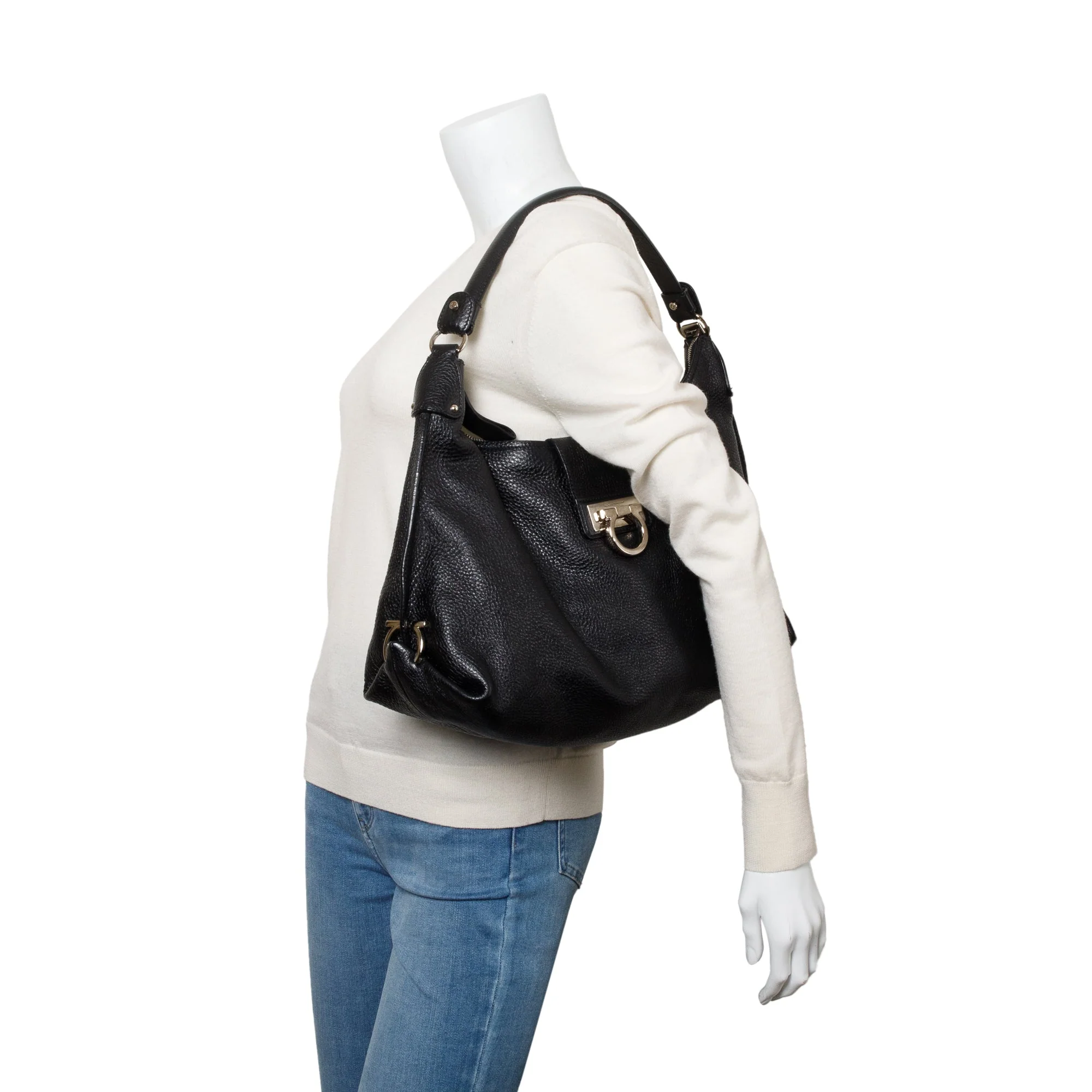 Ferragamo Black Grained Calfskin Leather Gancini Hobo Bag - Image 2