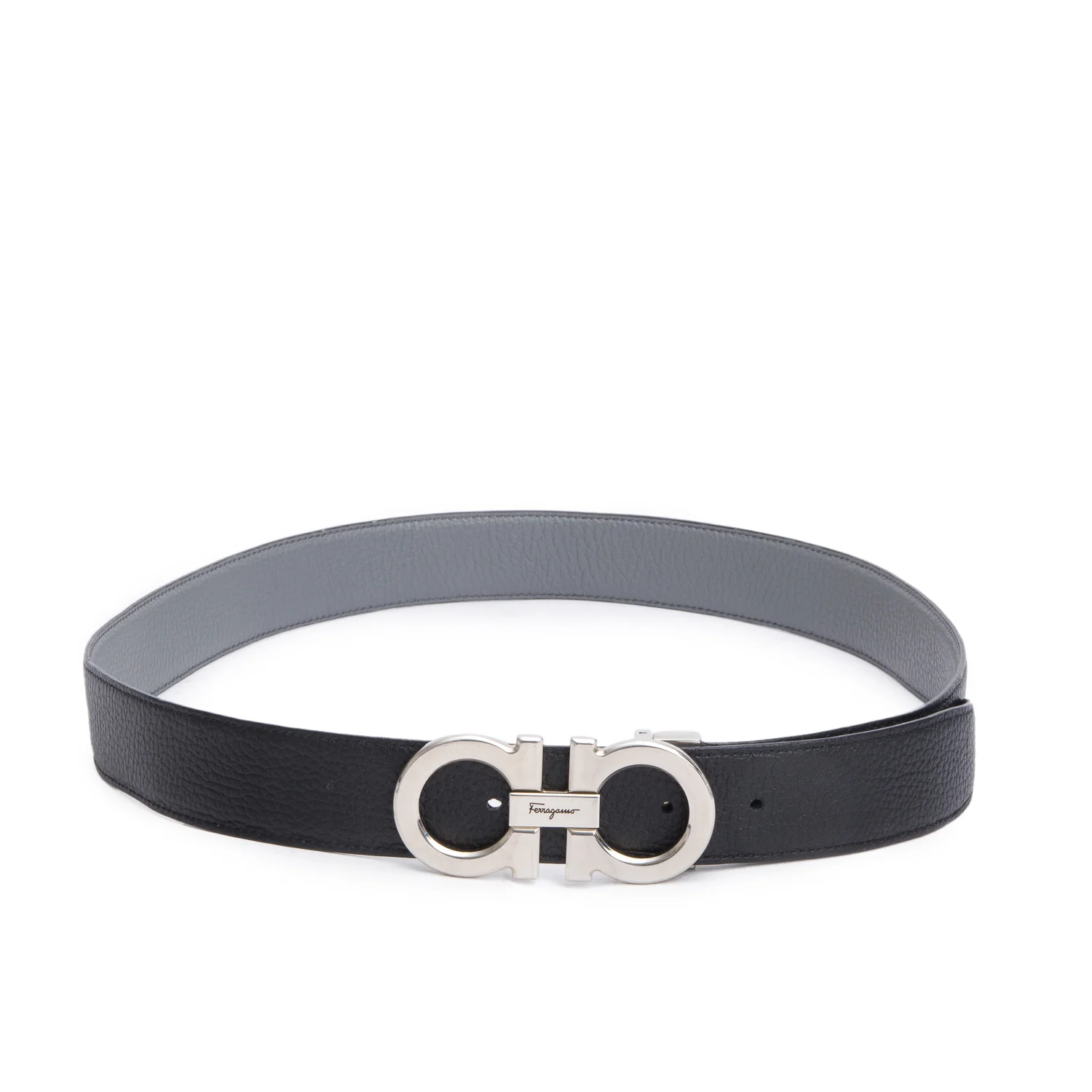 Ferragamo Black/Grey Leather Reversible and Adjustable Gancini Belt