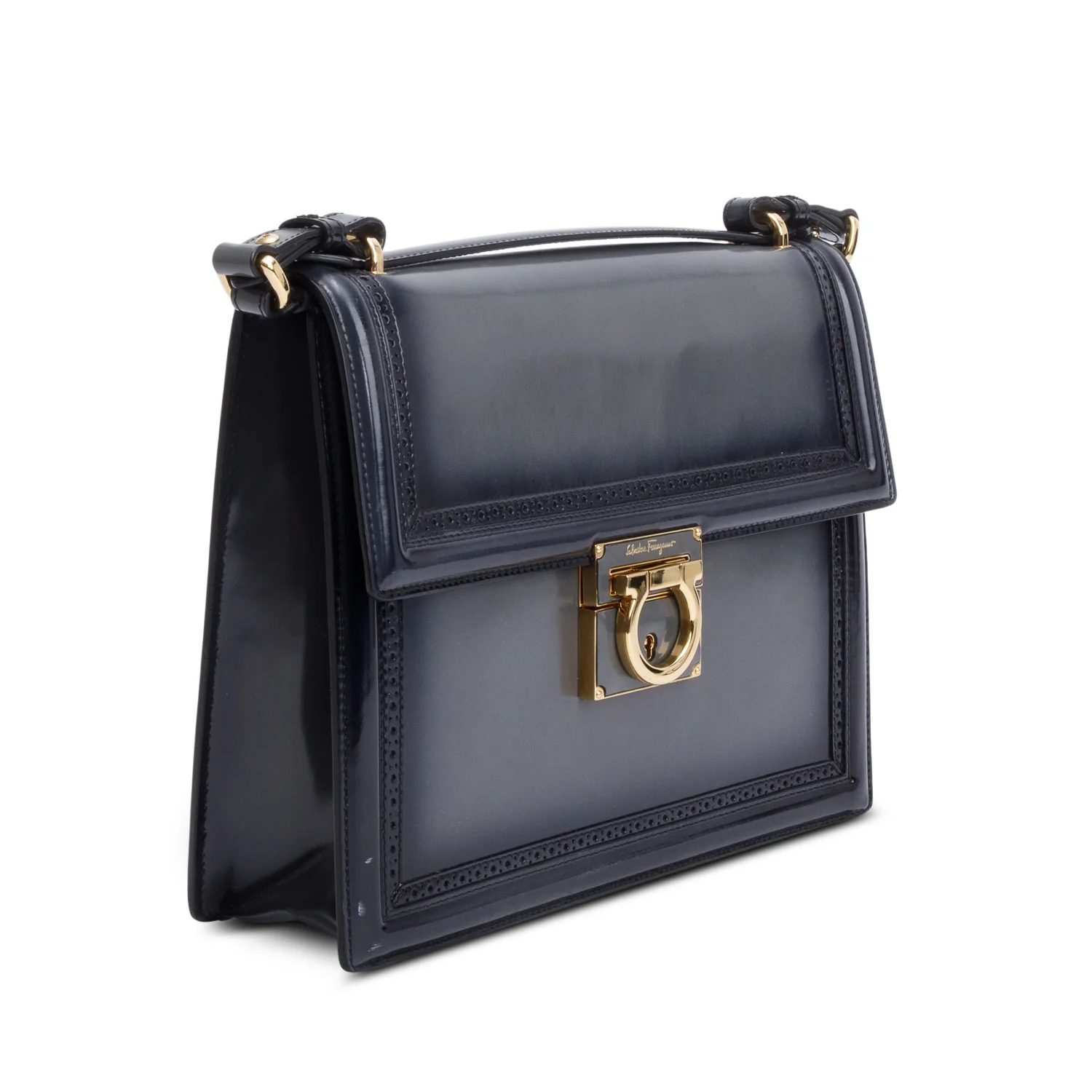 Ferragamo Black/Grey Ombre Patent Leather Marisol Crossbody Bag - Image 4