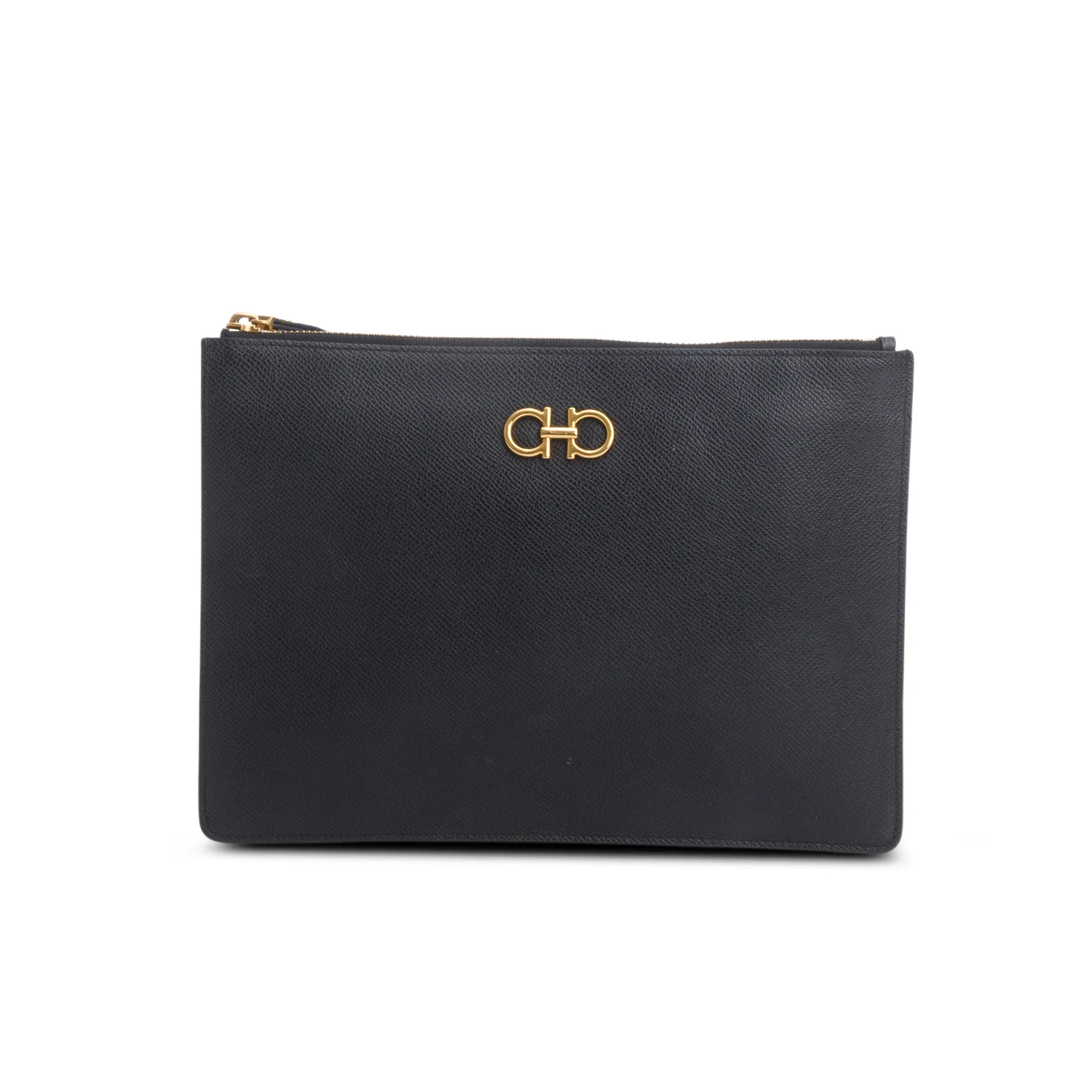 Ferragamo Black Pebbled Calfskin Gancini Zip Wrislet