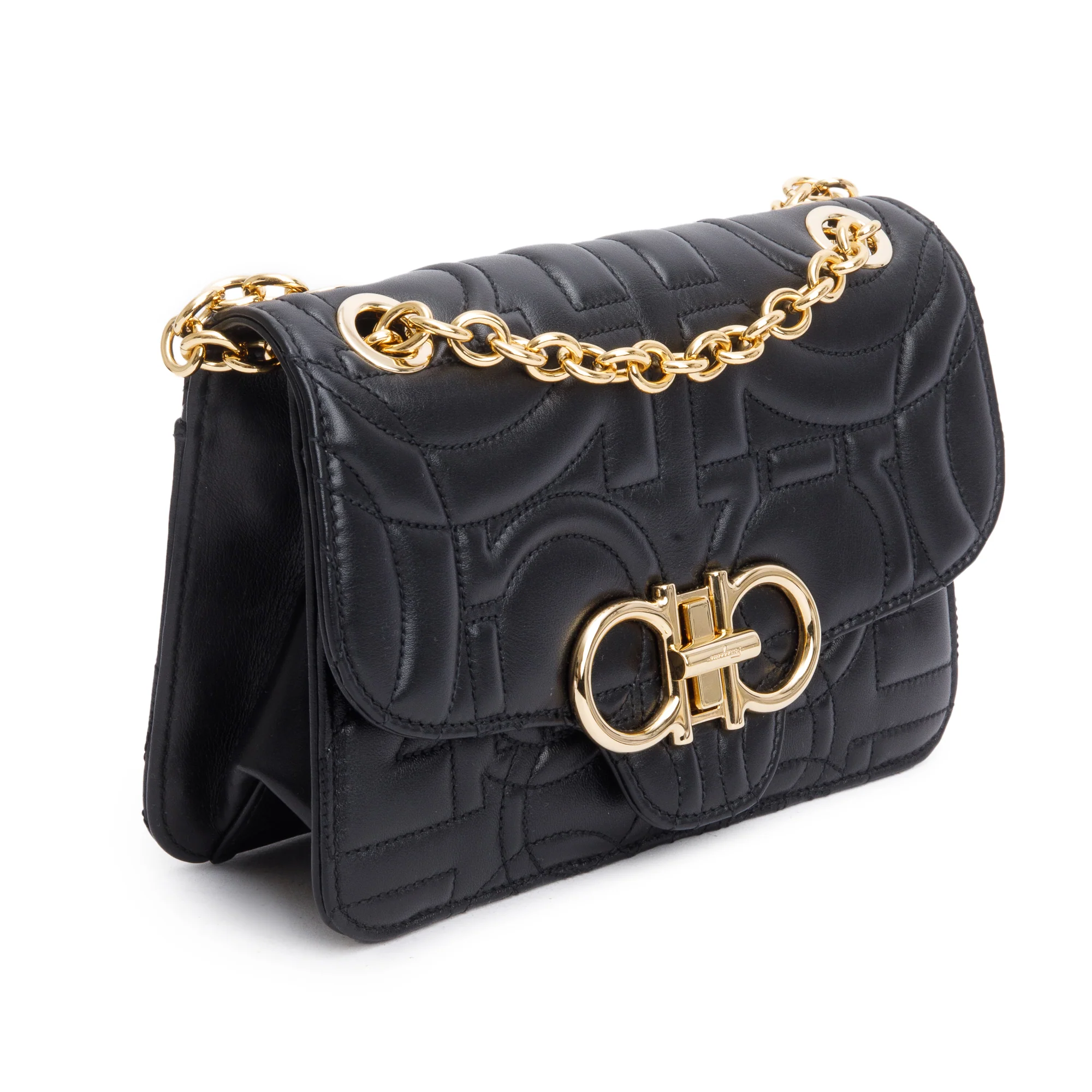 Ferragamo Black Quilted Leather Small Gancini Flap Shoulder Bag - Image 4