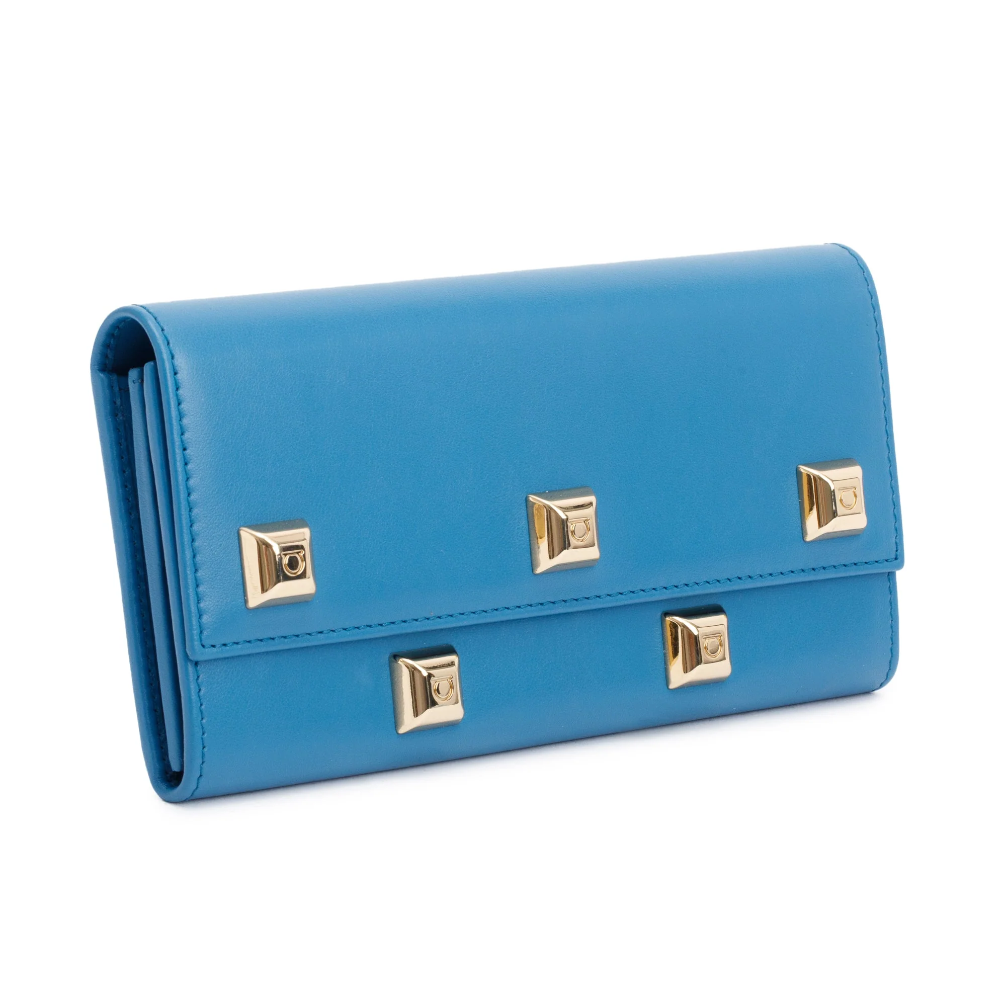 Ferragamo Blue Leather Studded Continental Flap Wallet w/ Box - Image 3