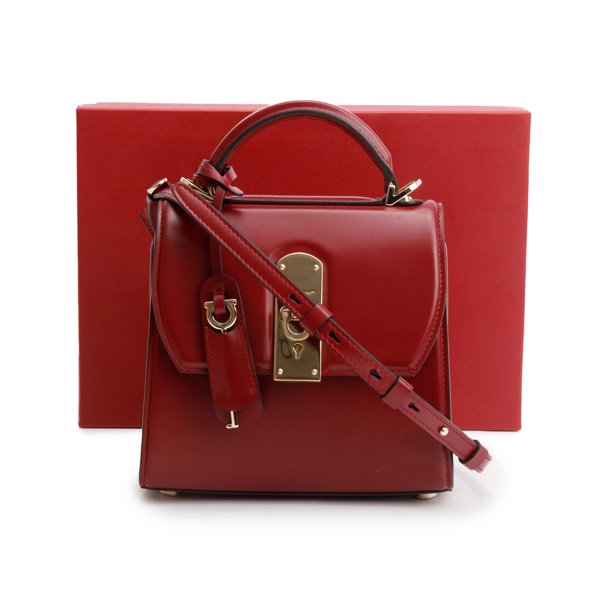 Ferragamo Burgundy Box Leather Small Boxyz Gancini Top Handle Bag w/ Strap & Box - Image 2