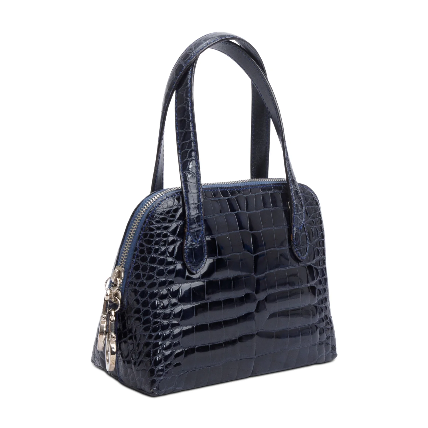 Ferragamo Navy Croc Embossed Leather Double Gancini Mini Handle Bag - Image 2