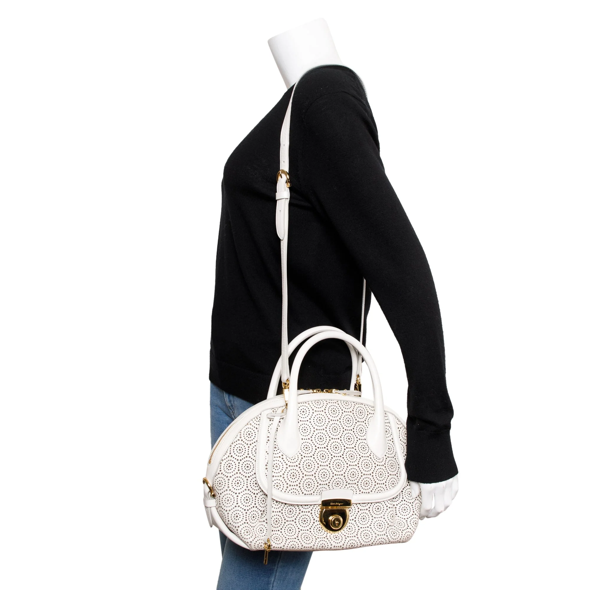Ferragamo White Perforated Calfskin Leather Fiamma Bag w/ Strap - Image 2