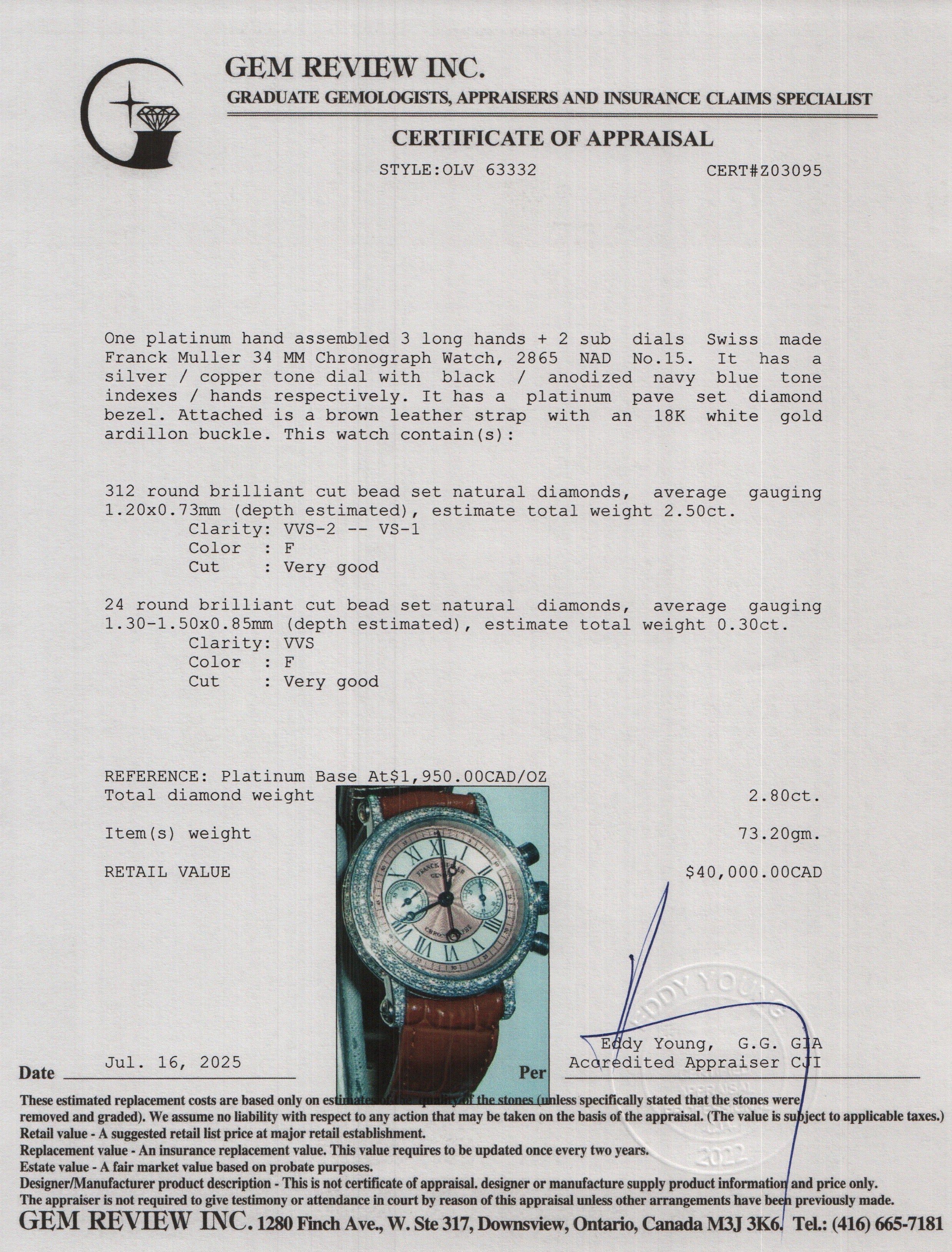 Franck Muller Platinum Pave Diamond 34 MM Chronograph Watch 2865 NAD - Image 5