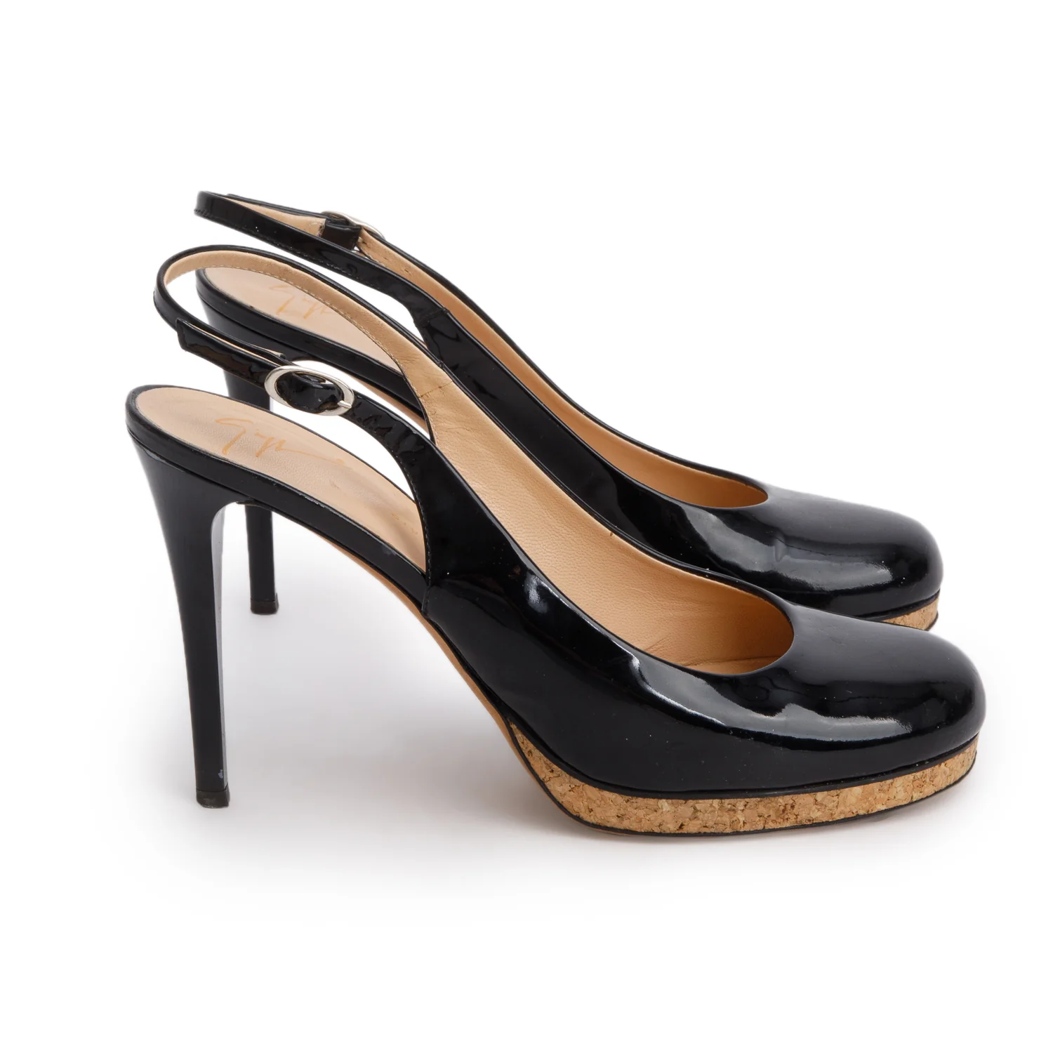 Gisueppe Zanotti Black Patent Leather/Cork Slingback Pumps, Size 38 - Image 2