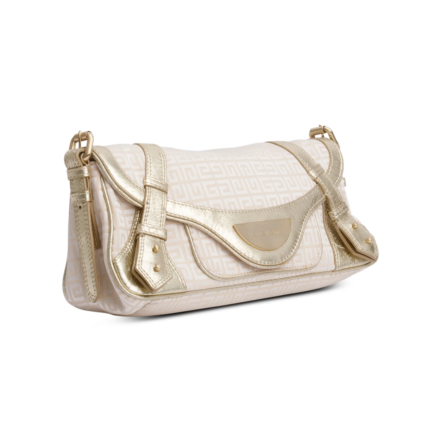 Givenchy Beige G Canvas Gold Leather Trim Baguette Flap Bag - Image 4