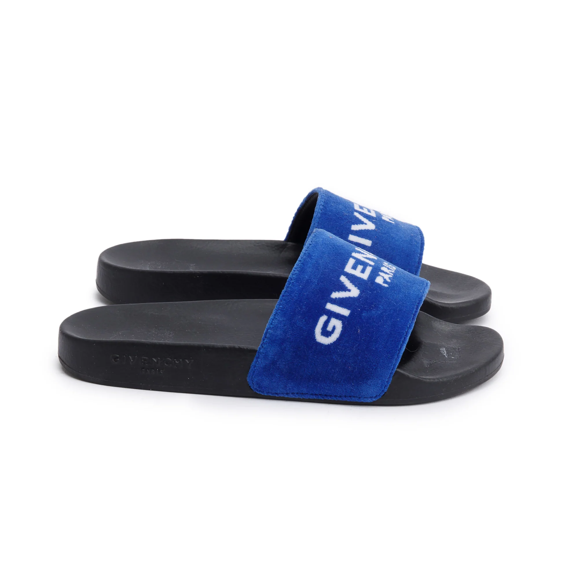 Givenchy Black Rubber Blue Velvet Logo Slides, Size 37 w/ Box - Image 3