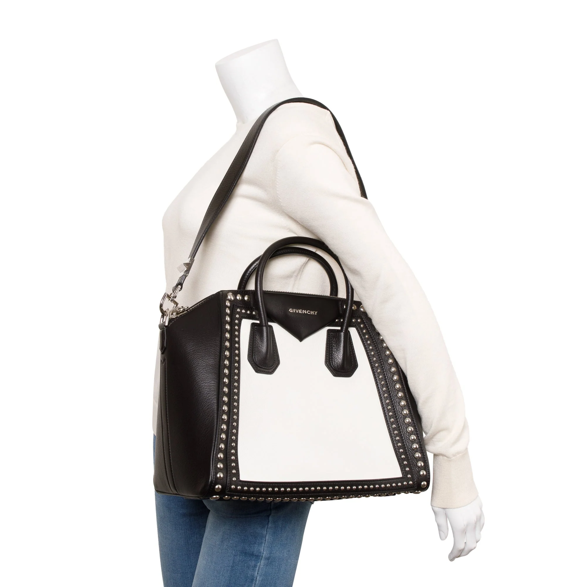 Givenchy Black/White Calfskin Leather Studded Medium Antigona Bag - Image 2