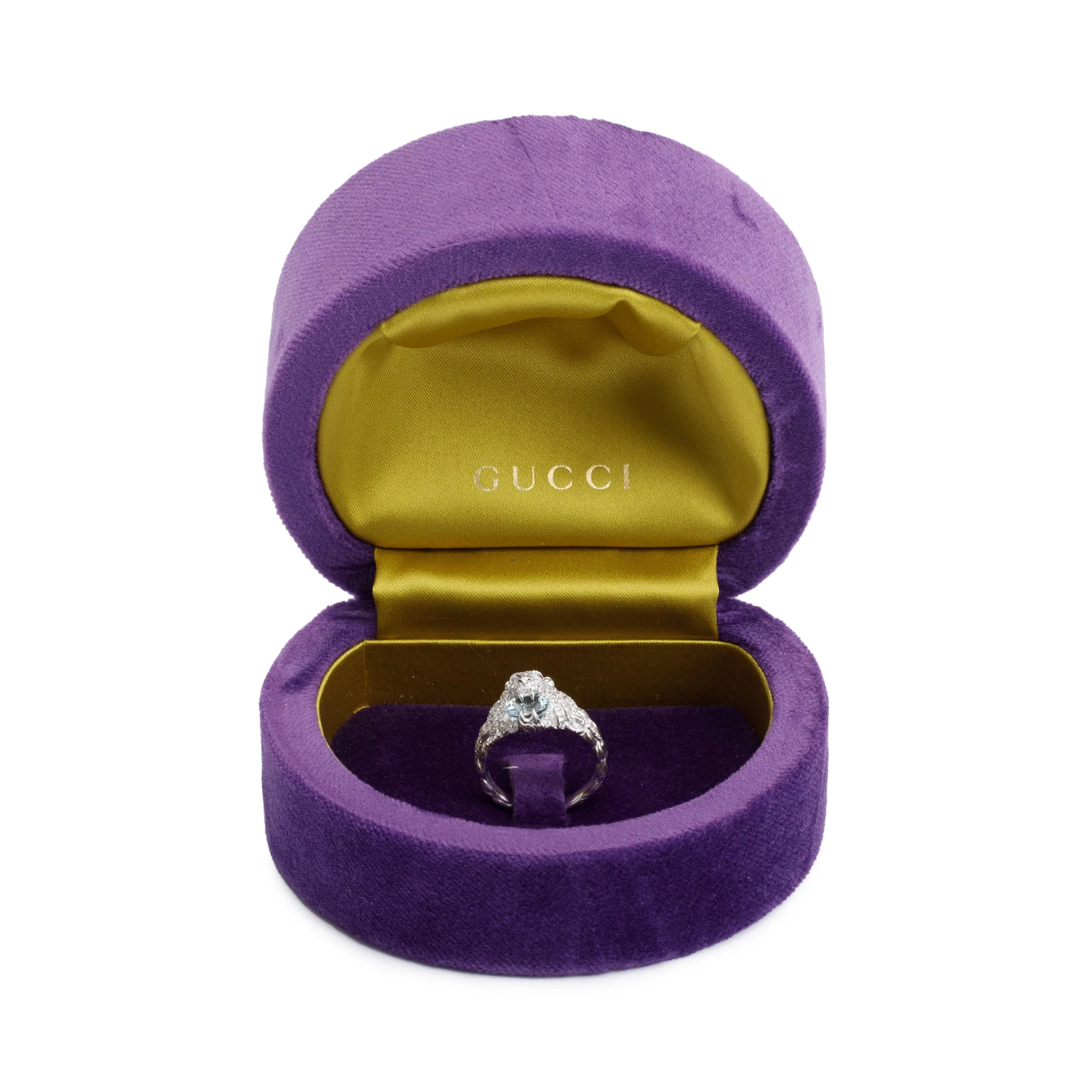 Gucci 18k White Gold Lion Head Ring with Aquamarine & Diamonds, Size 14 6/34 w/ Box - Image 2