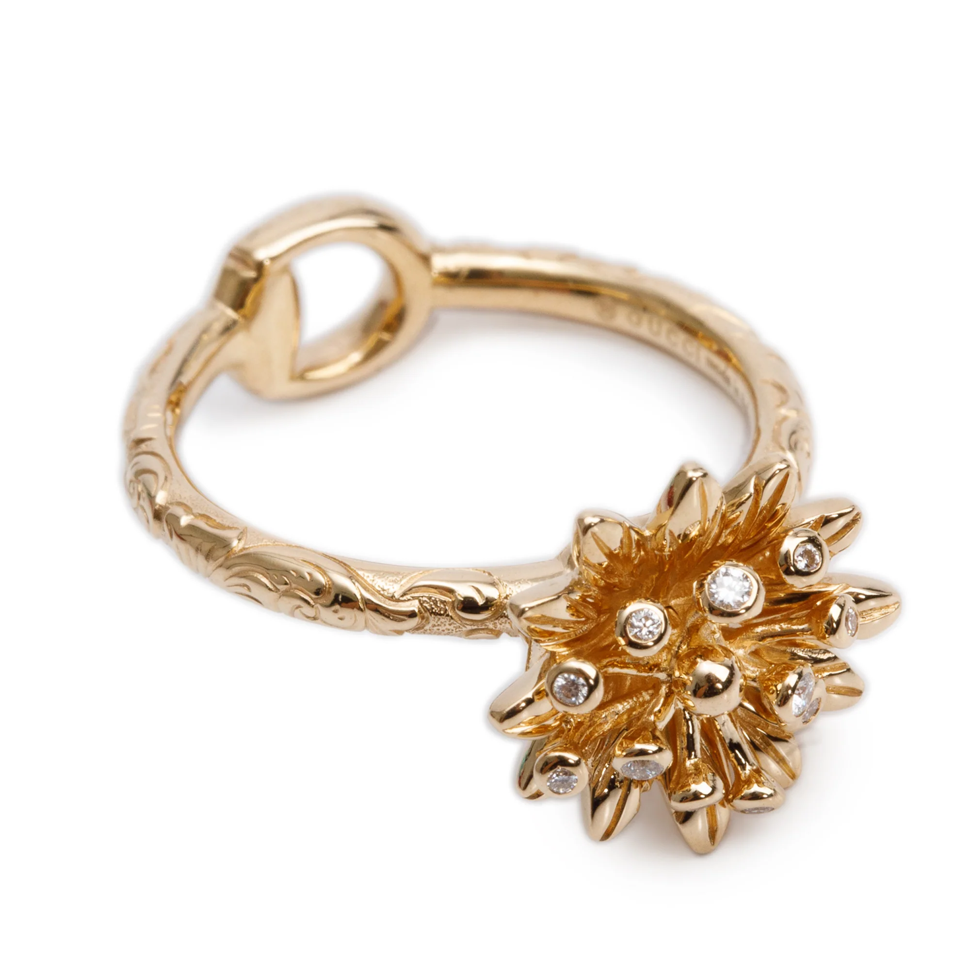 Gucci 18k Yellow Gold Diamond Flora Horsebit Ring, Size 13 6.25 w/ Box - Image 3