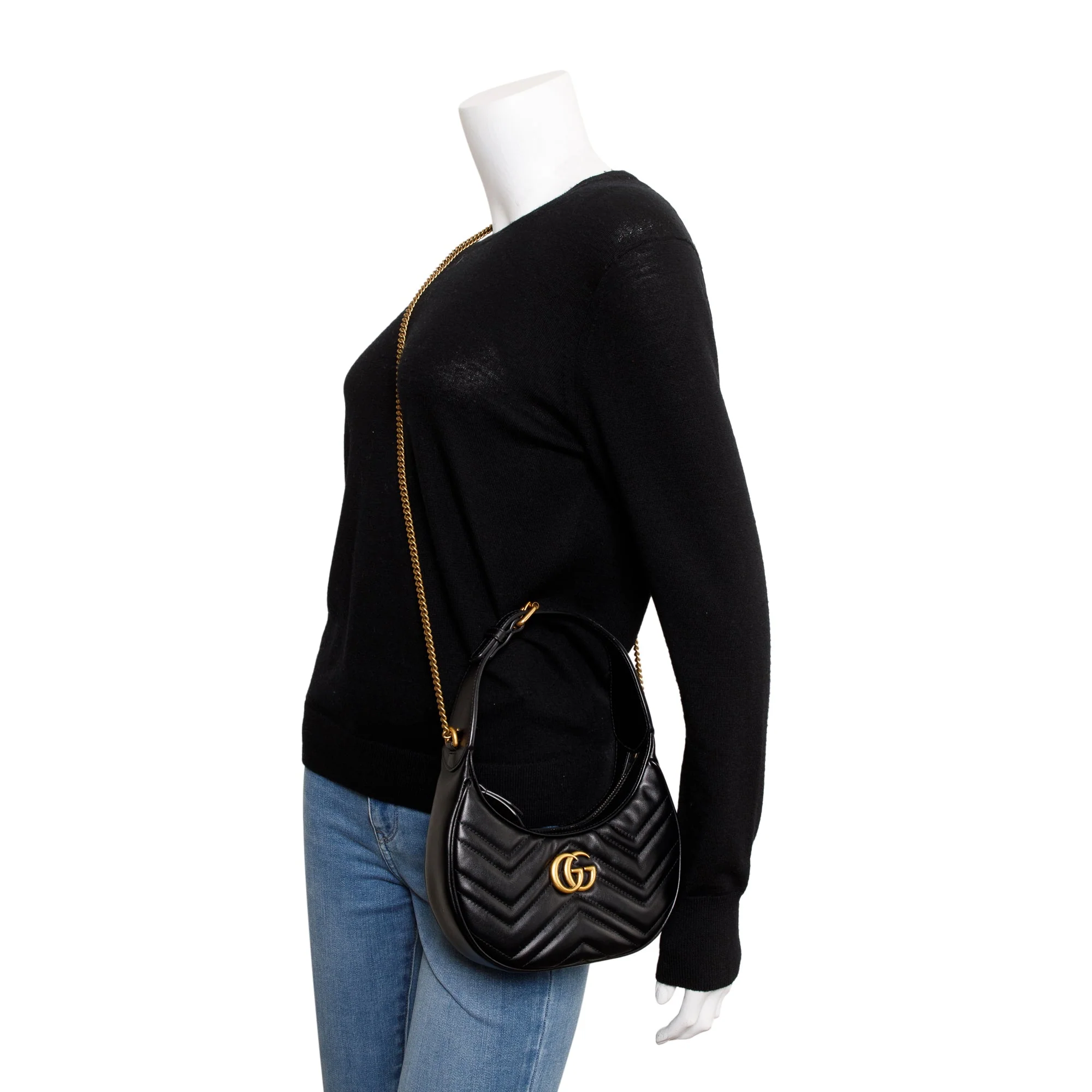 Gucci 2022 Black GG Marmont Half-Moon Shaped Mini Bag w/ Box & Receipt - Image 2