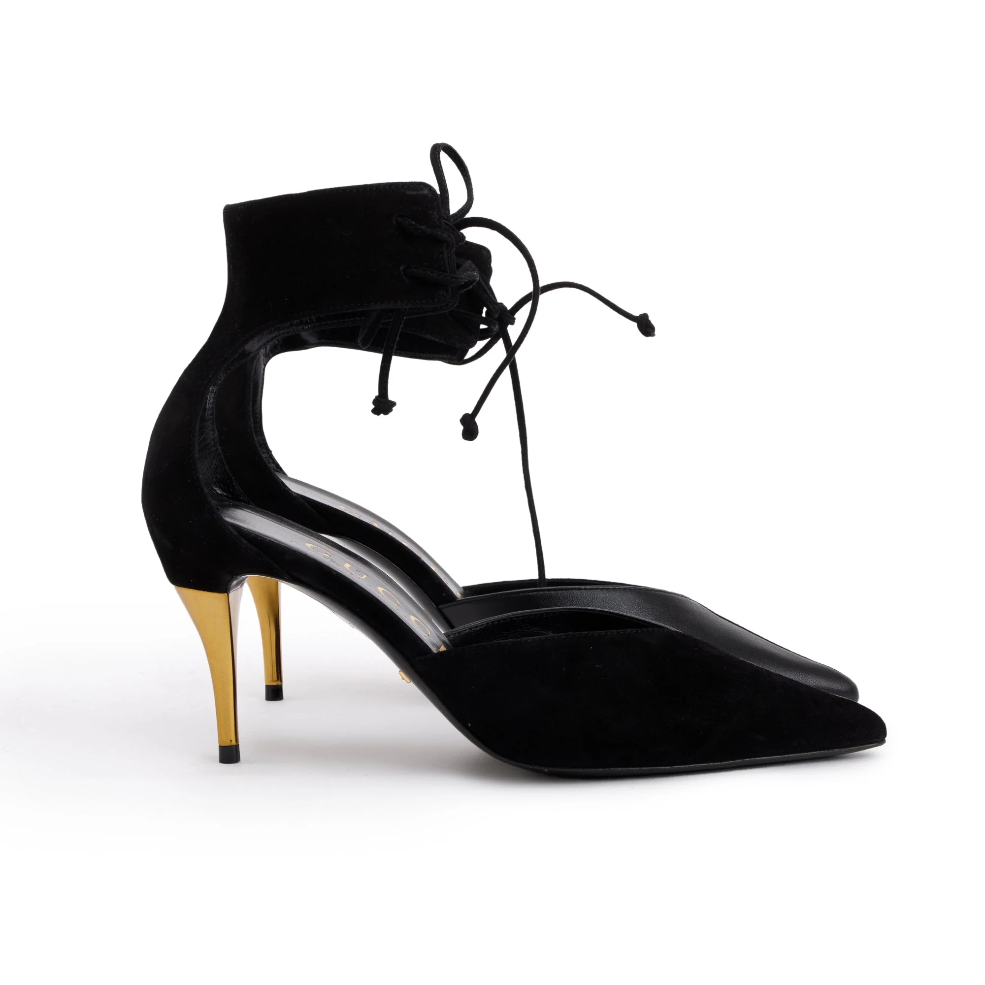Gucci 2022 Black Suede & Nappa Leather Mid-Heel Lace-Up Pumps, Size 37.5 w/ Box - Image 4