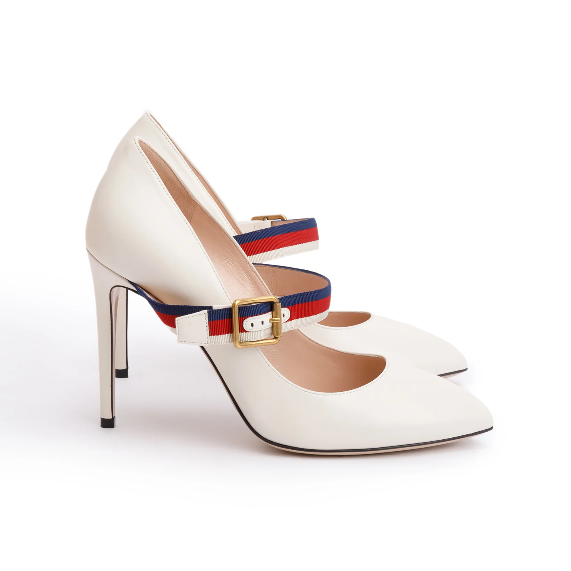Gucci 2022 White Leather Web Strap D'Orsay Pumps, Size 39.5 w/ Box & Receipt - Image 3