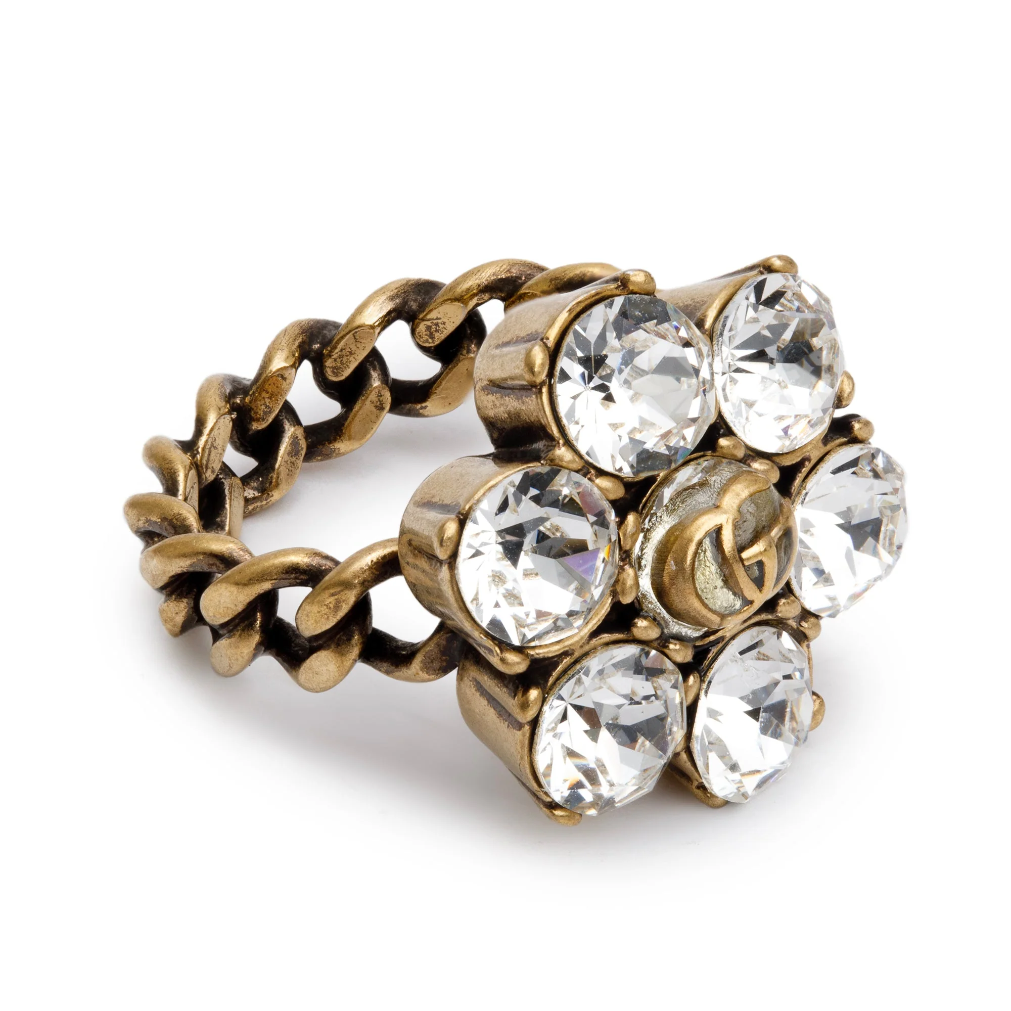 Gucci Aged Gold Tone Metal Crystal Double G Ring, Size S 6 - Image 2