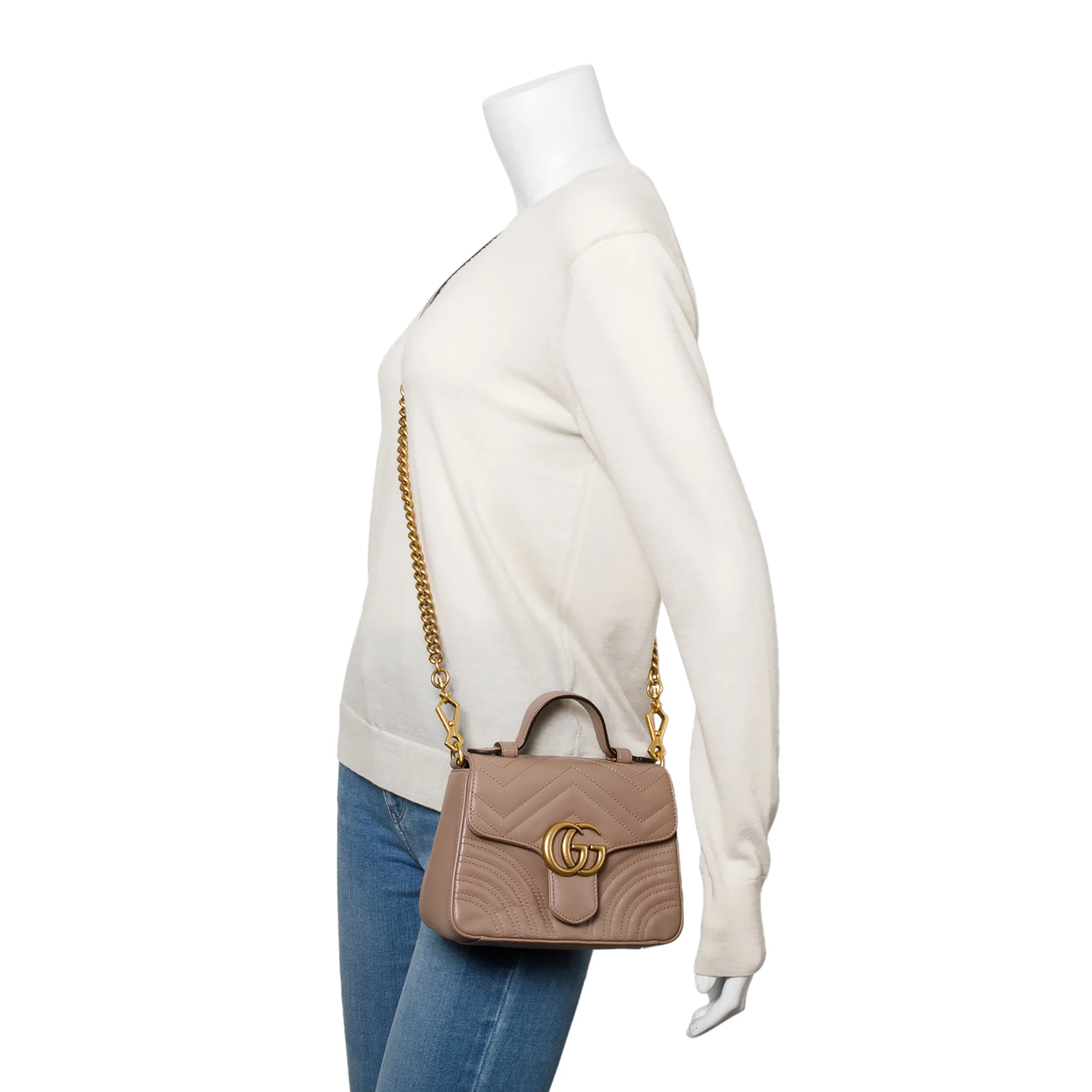 Gucci Beige Calfskin Matelasse GG Marmont Mini Top Handle Shoulder Bag w/ Strap - Image 2