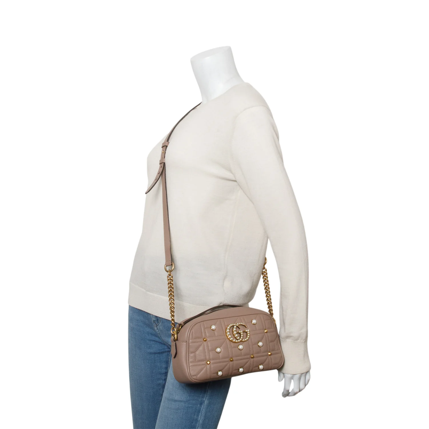 Gucci Beige Calfskin Matelasse Studded Small Pearly GG Marmont Shoulder Bag - Image 2