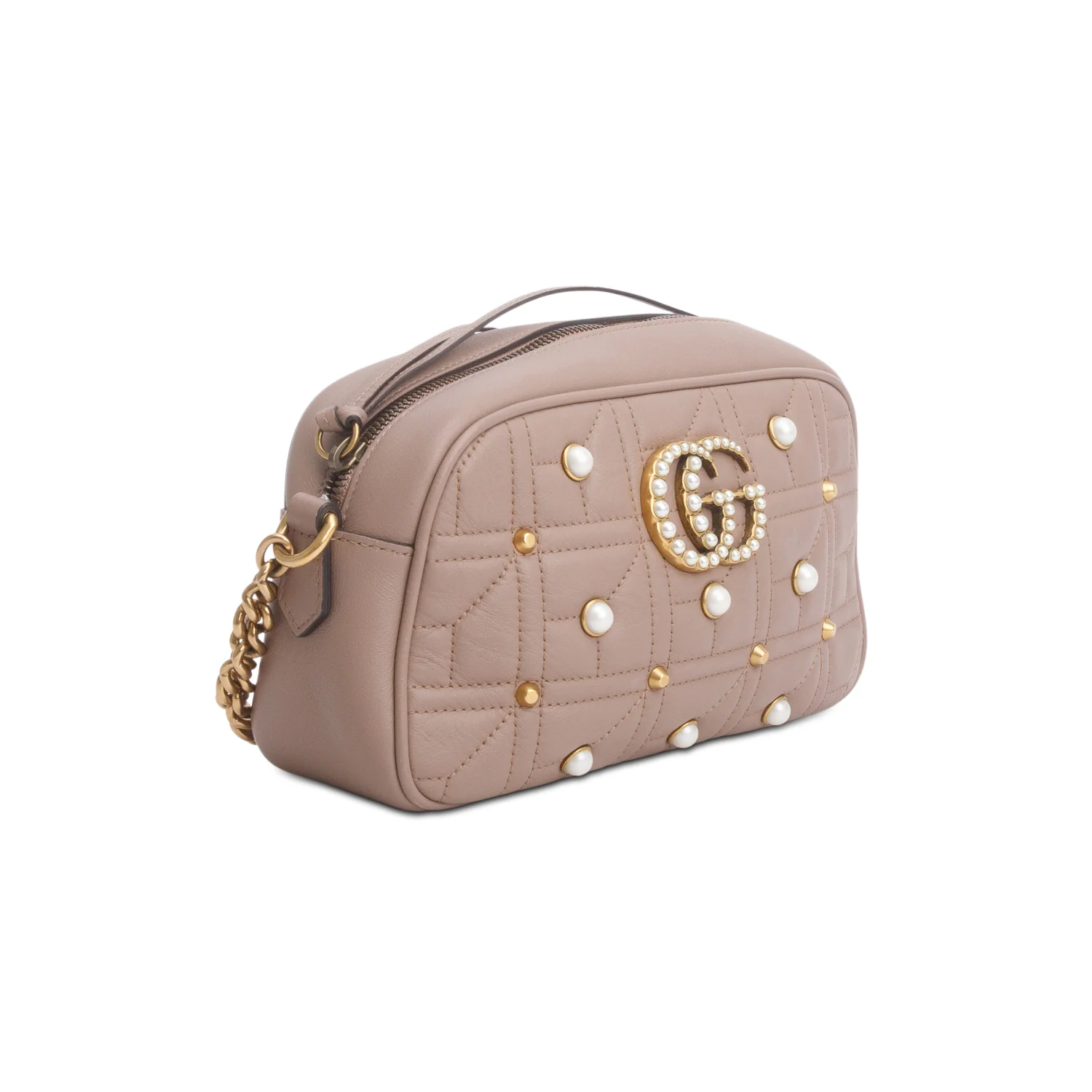 Gucci Beige Calfskin Matelasse Studded Small Pearly GG Marmont Shoulder Bag - Image 4
