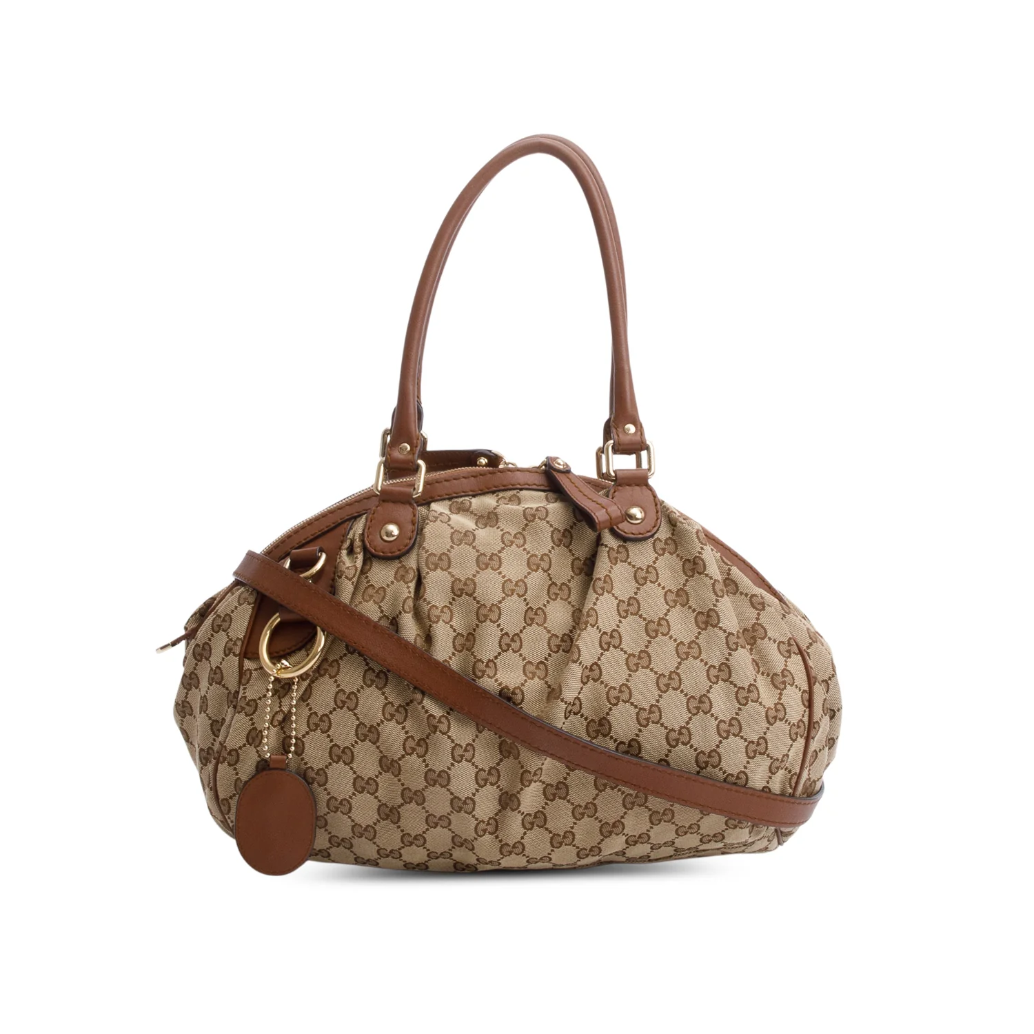 Gucci Beige GG Canvas Brown Leather Trim Medium Sukey Boston Bag w/ Strap