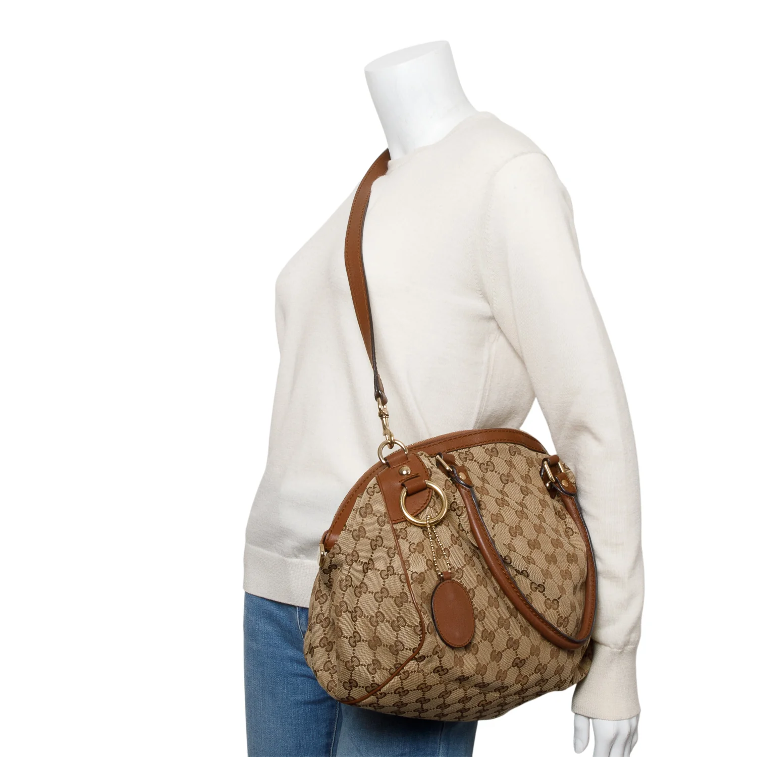 Gucci Beige GG Canvas Brown Leather Trim Medium Sukey Boston Bag w/ Strap - Image 2