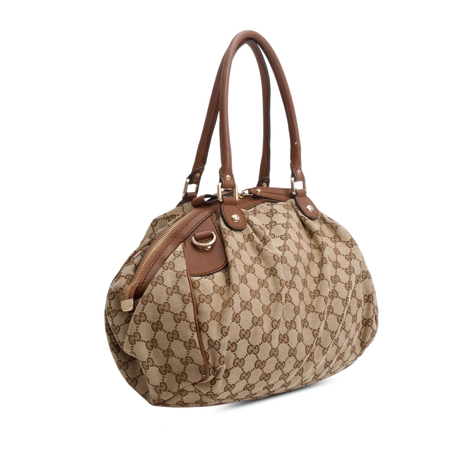 Gucci Beige GG Canvas Brown Leather Trim Medium Sukey Boston Bag w/ Strap - Image 6