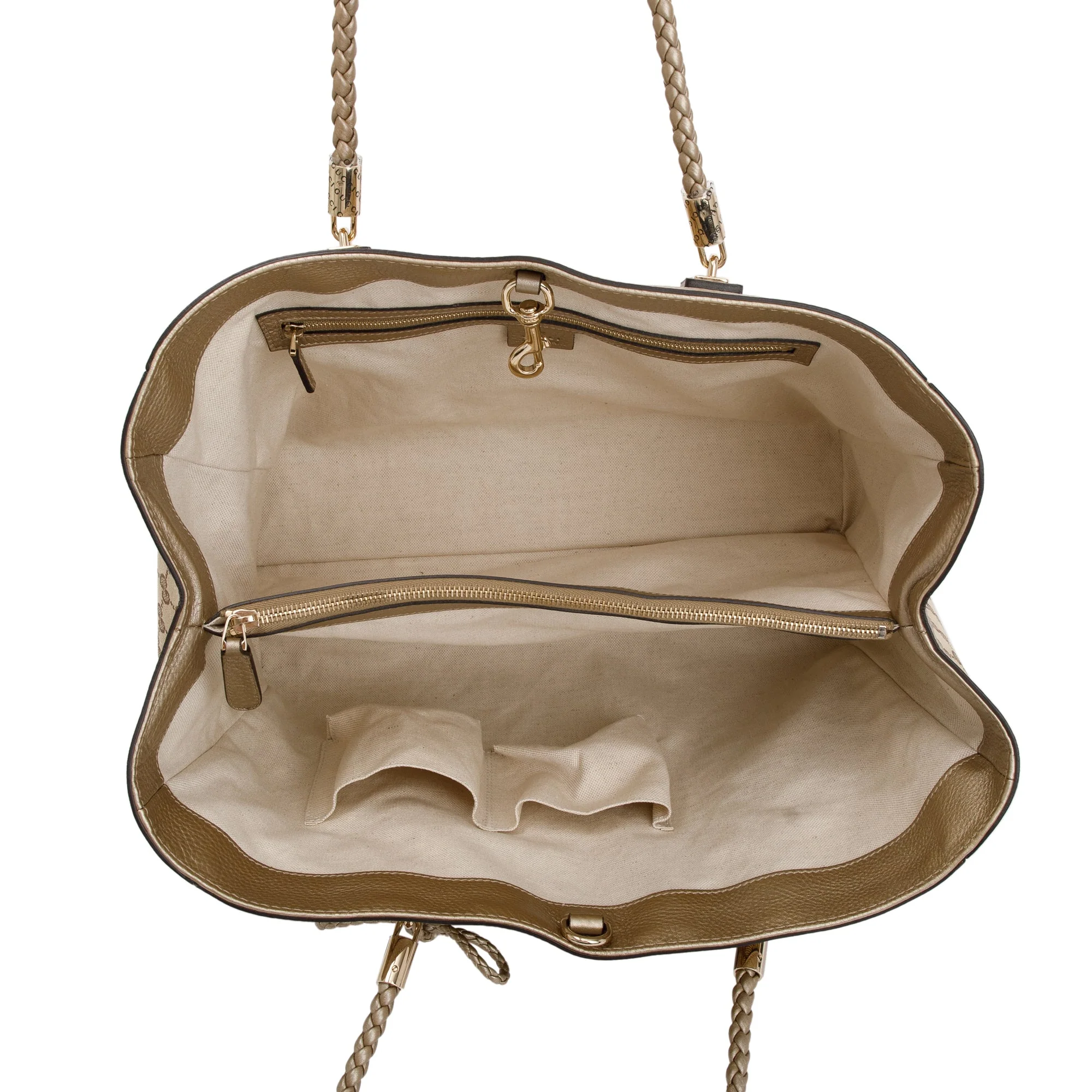 Gucci Beige GG Canvas Gold Leather Trimmed Medium Bella Tote - Image 5