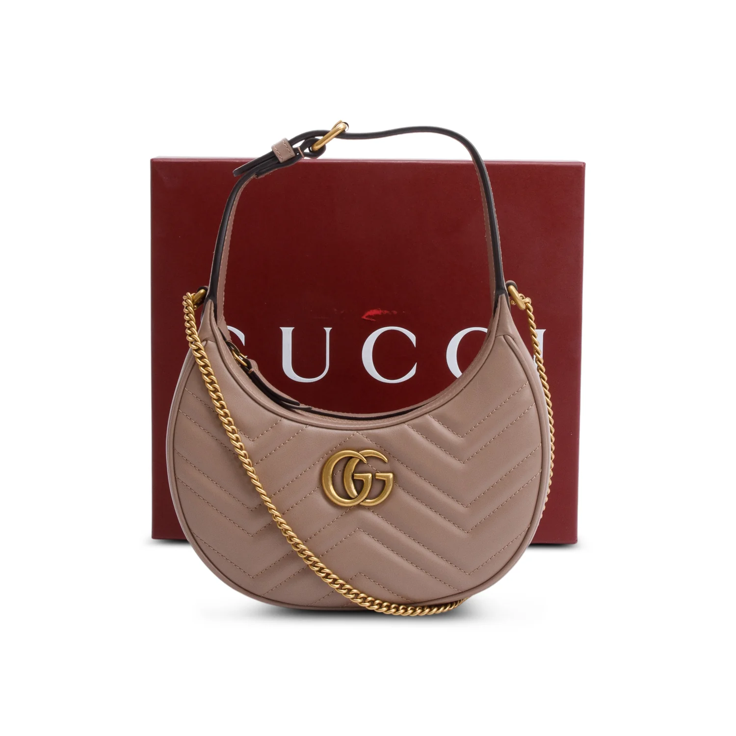Gucci Beige GG Marmont Half-Moon Shaped Mini Bag w/ Strap & Box - Image 3