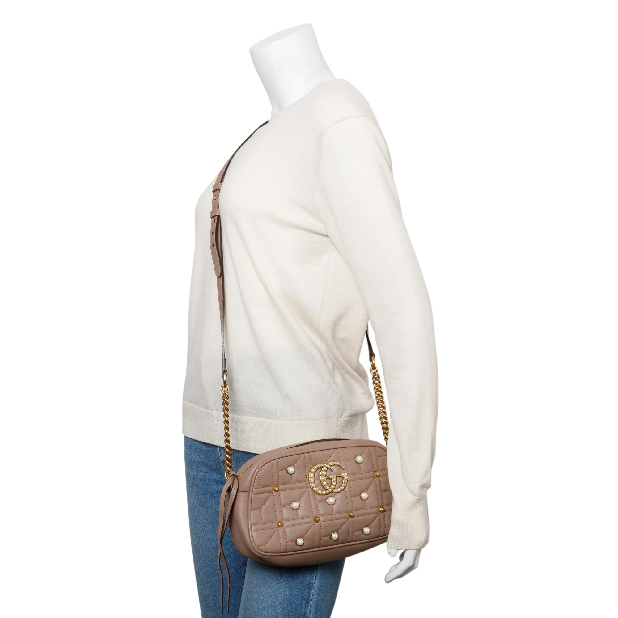 Gucci Beige GG Marmont Pearly GG Small Shoulder Bag - Image 2