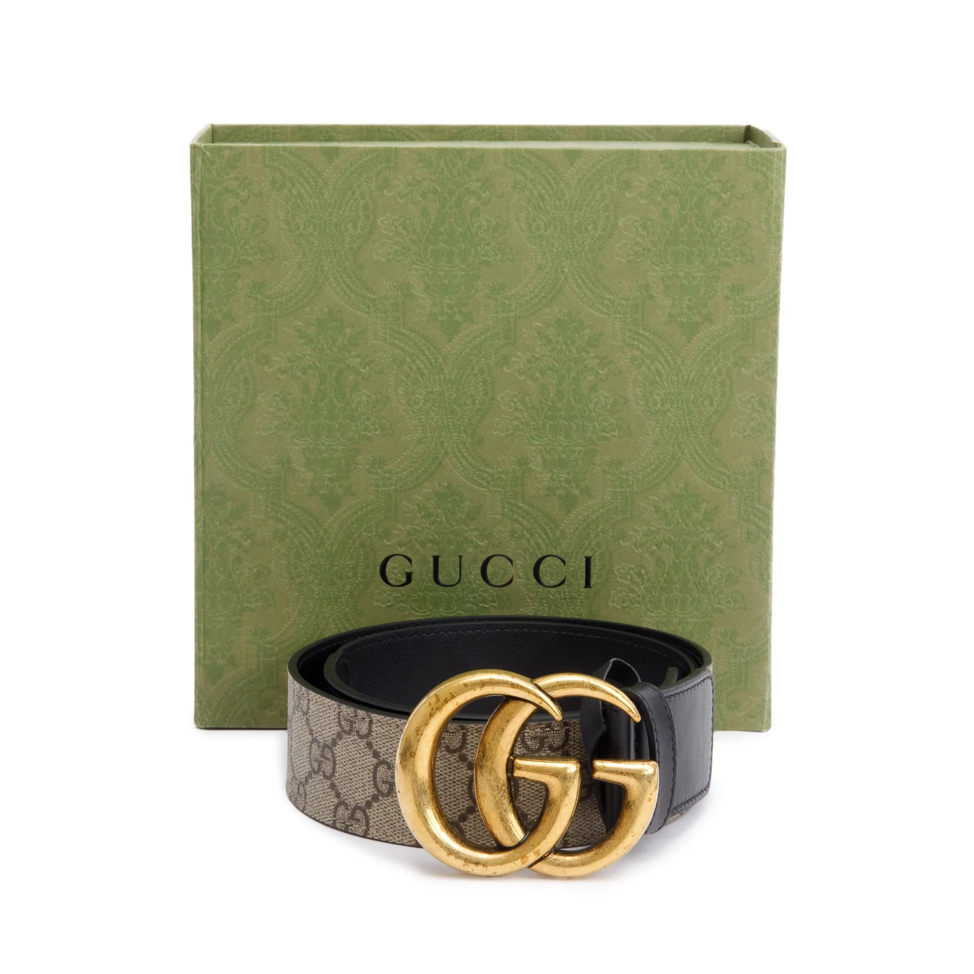 Gucci Beige GG Supreme Black Leather Double G Wide Belt 75 30 w/ Box - Image 2