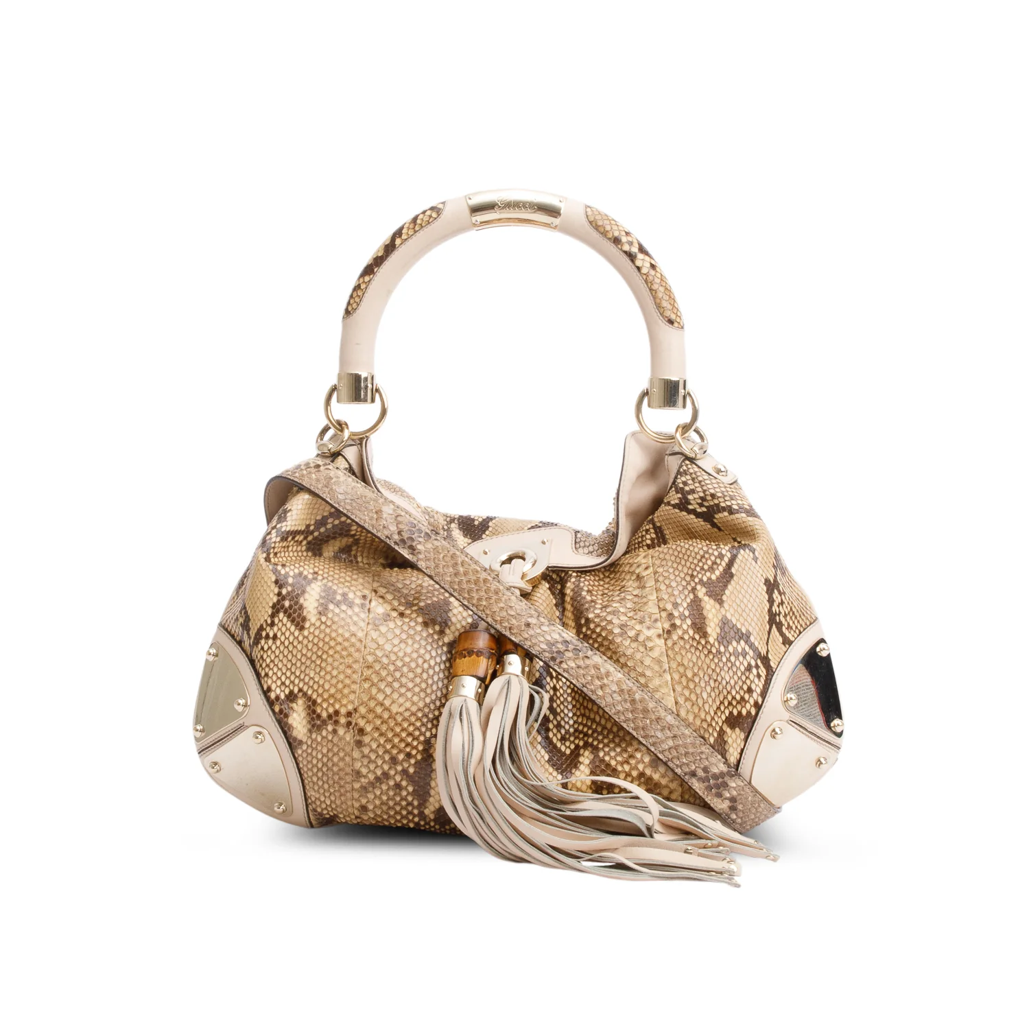 Gucci Beige Leather Trim Python Medium Indy Babouska Hobo w/ Strap
