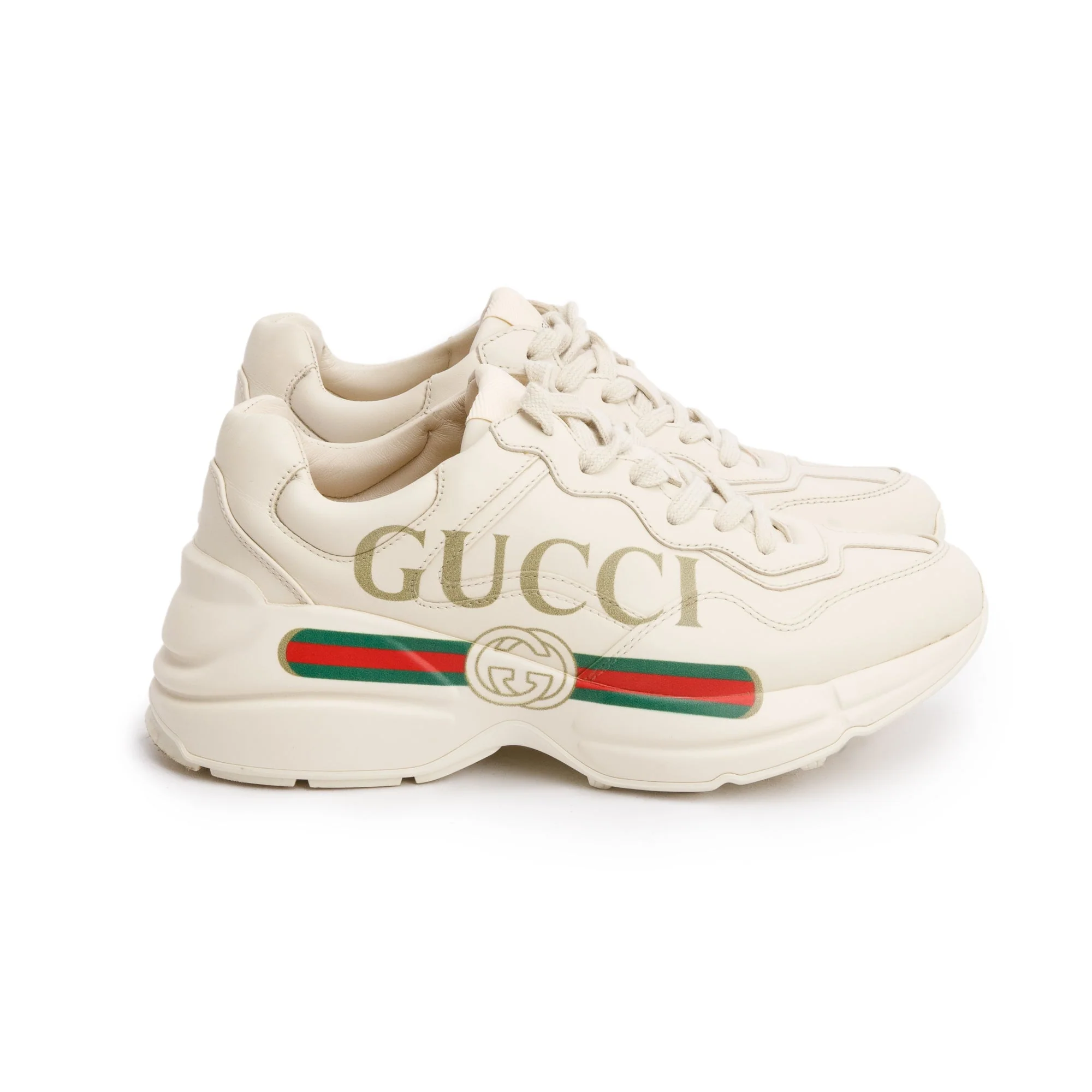 Gucci Beige Leather Women's Rhyton Gucci Logo Sneakers, Size 36 - Image 2