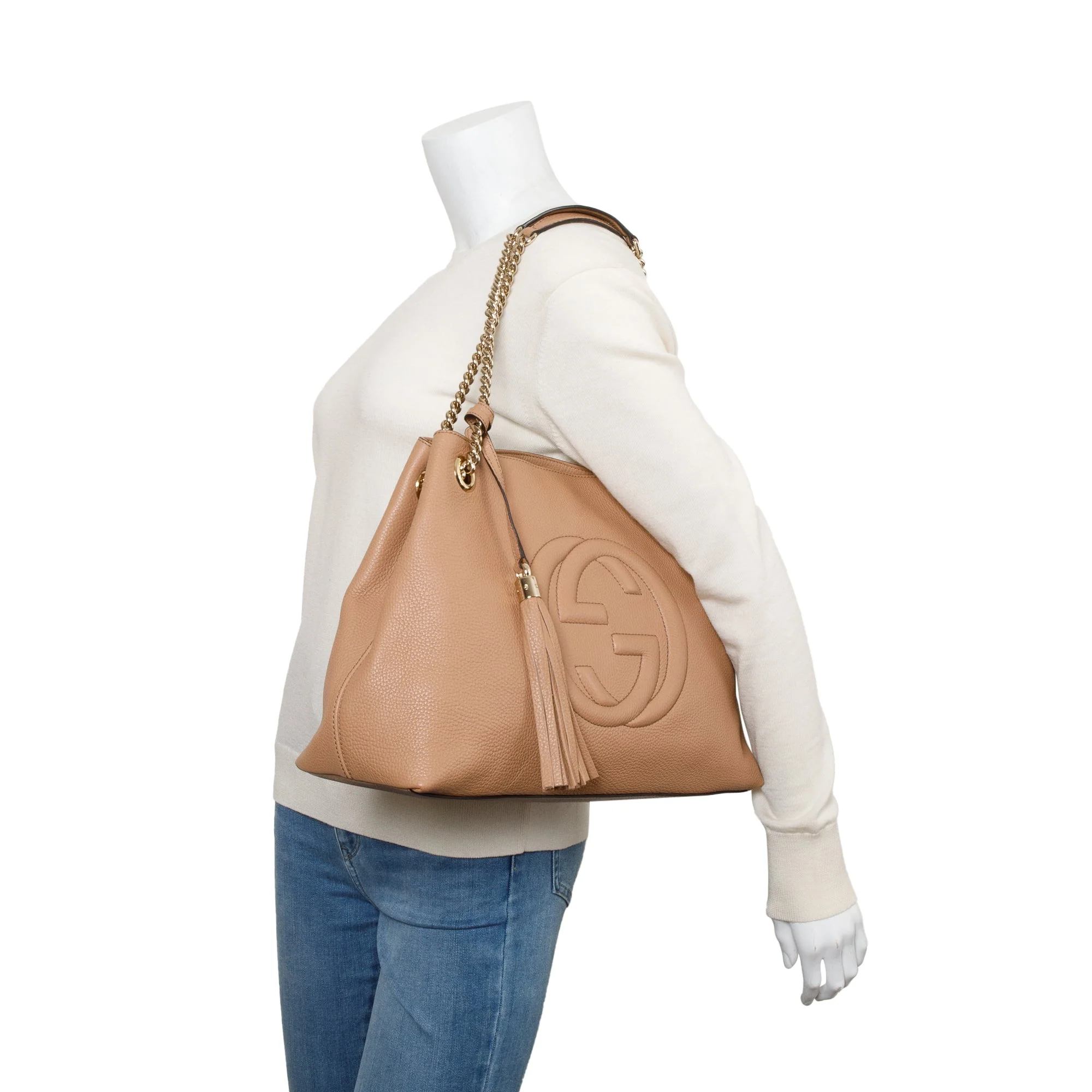 Gucci Beige Pebbled Calfksin Leather Medium Soho Chain Tote - Image 2
