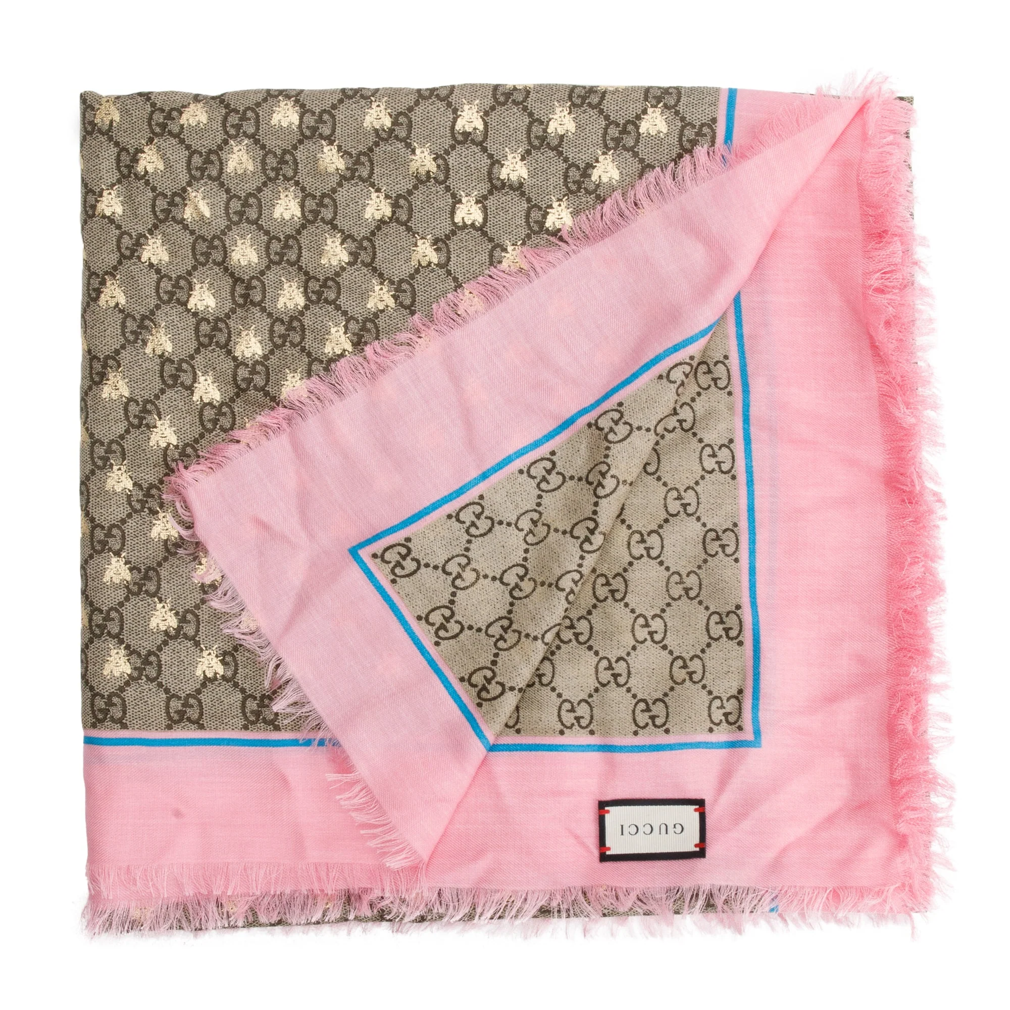 Gucci Beige/ Pink Jacquard GG Bees Silk Shawl Scarf w/ Box - Image 4