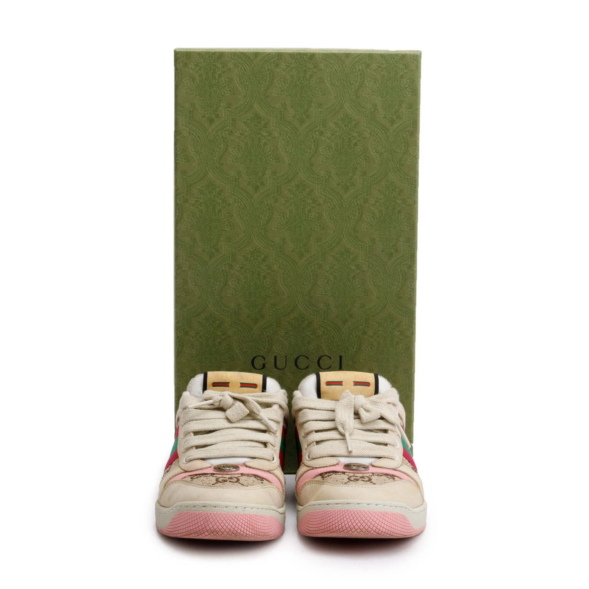Gucci Beige/Pink Leather Web Canvas Screeners GG Sneakers, Size 37 w/ Box - Image 2