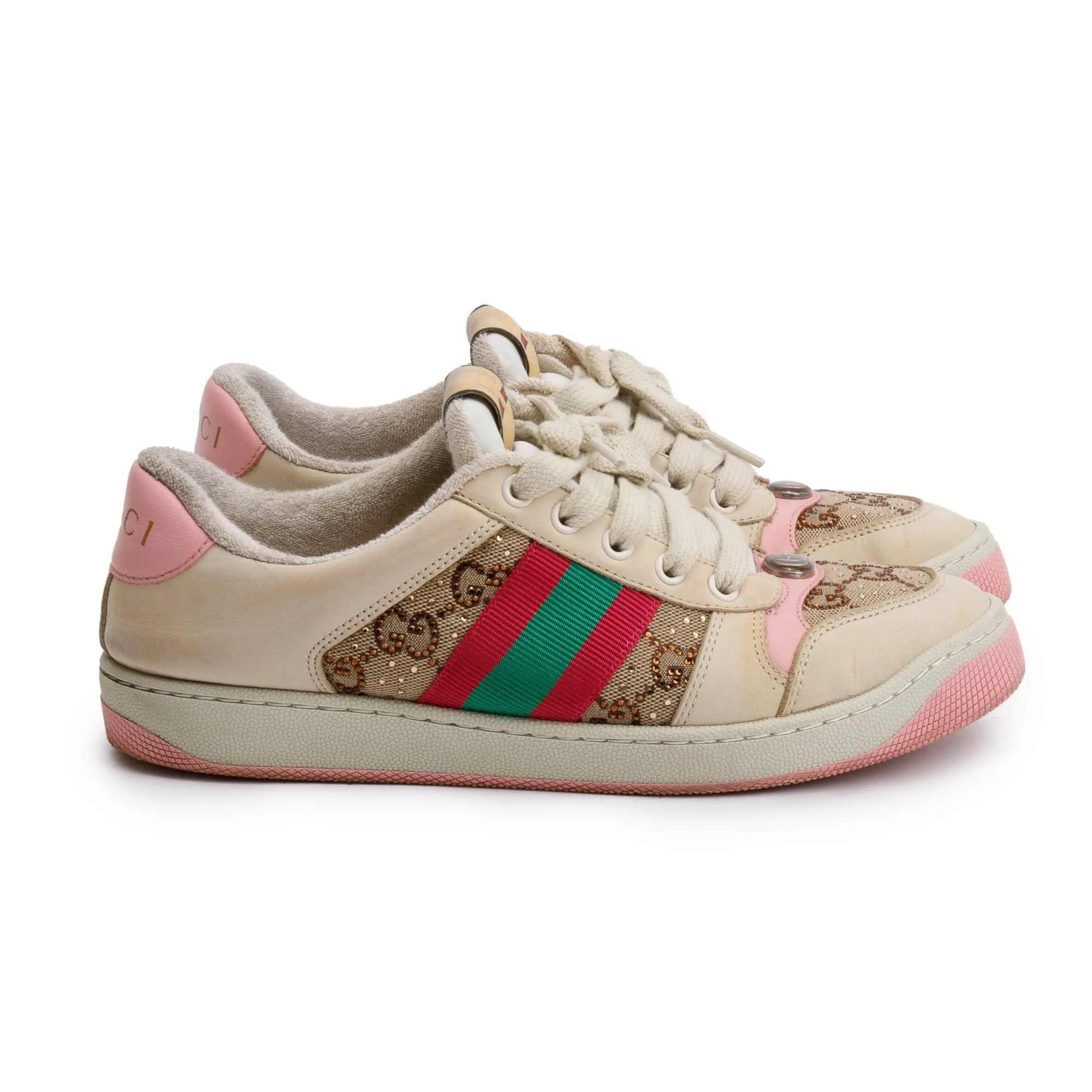Gucci Beige/Pink Leather Web Canvas Screeners GG Sneakers, Size 37 w/ Box - Image 5