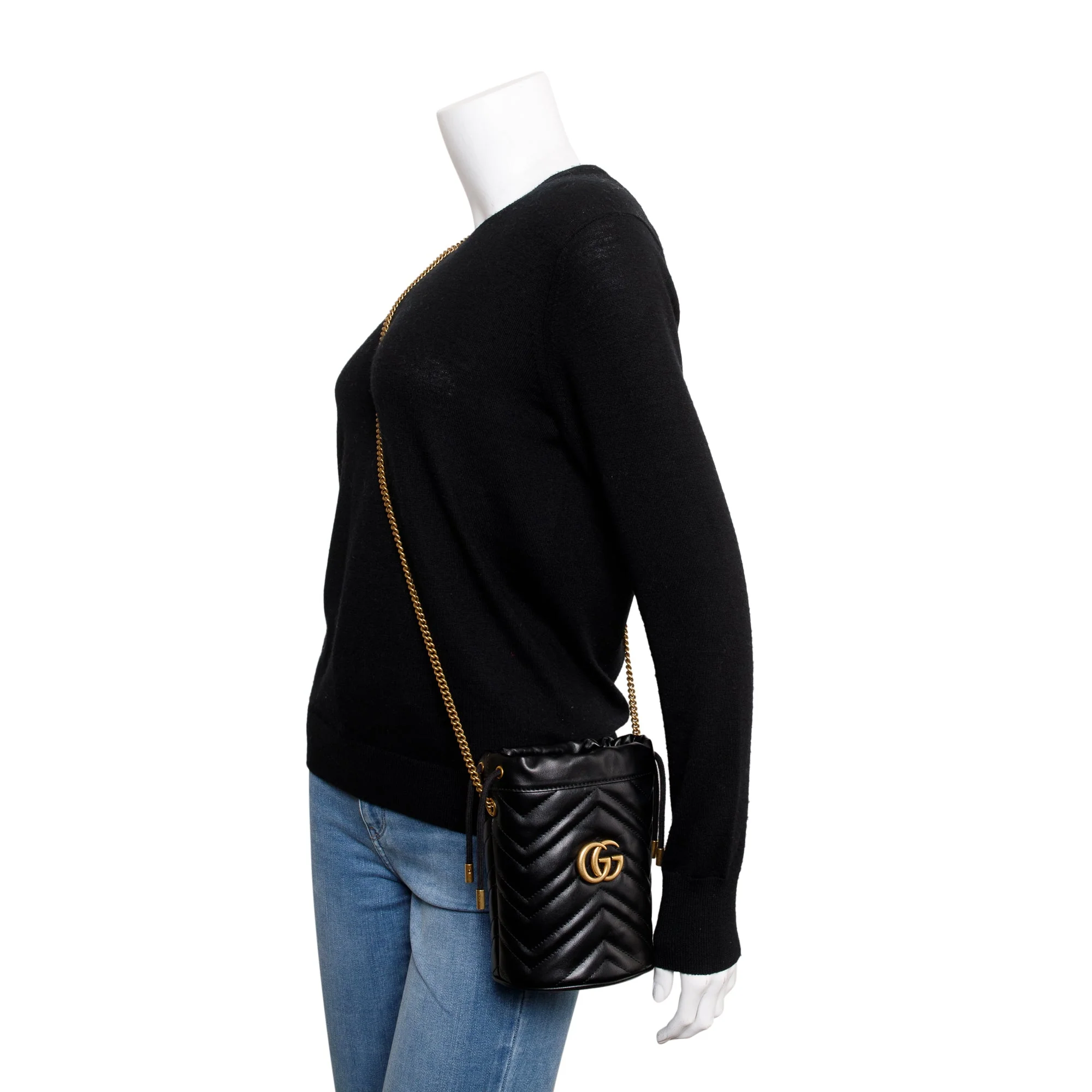 Gucci Black Calfskin Leather GG Marmont Mini Bucket Bag w/ Box - Image 2