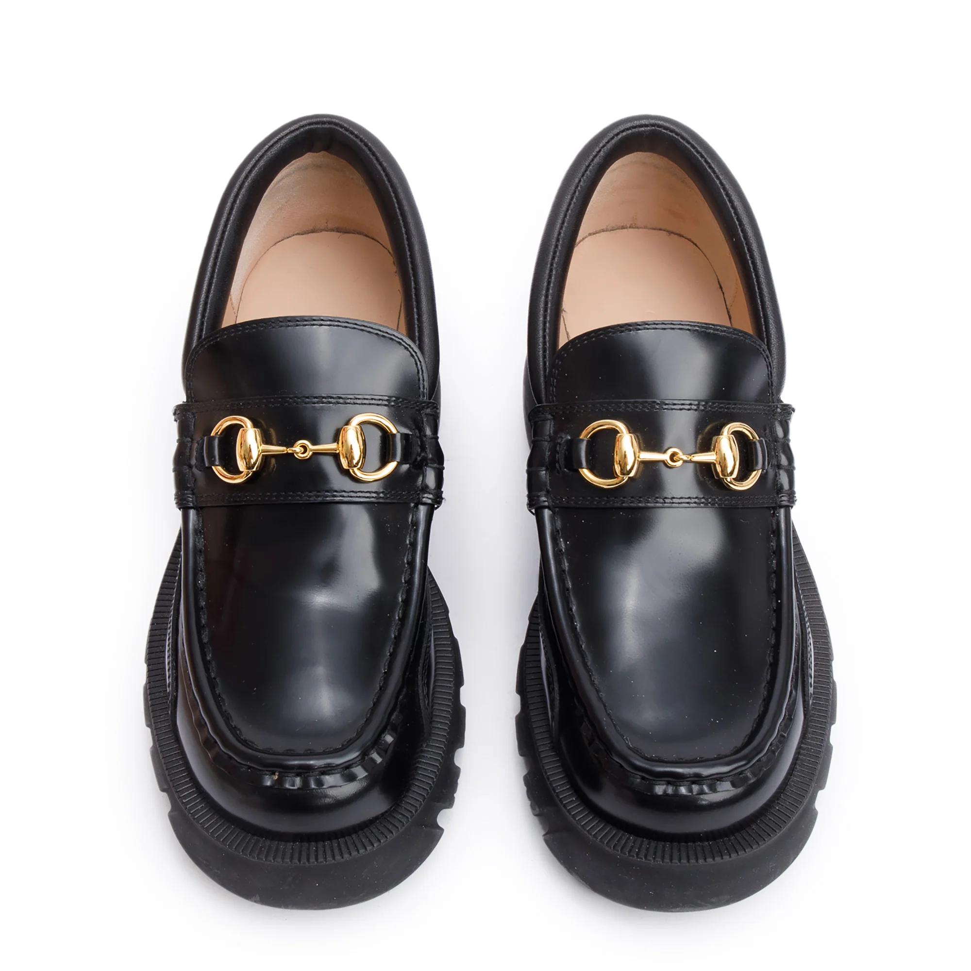 Gucci Black Calfskin Leather Horsebit Accent Lug Sole Loafers, Size 6.5 w/ Box