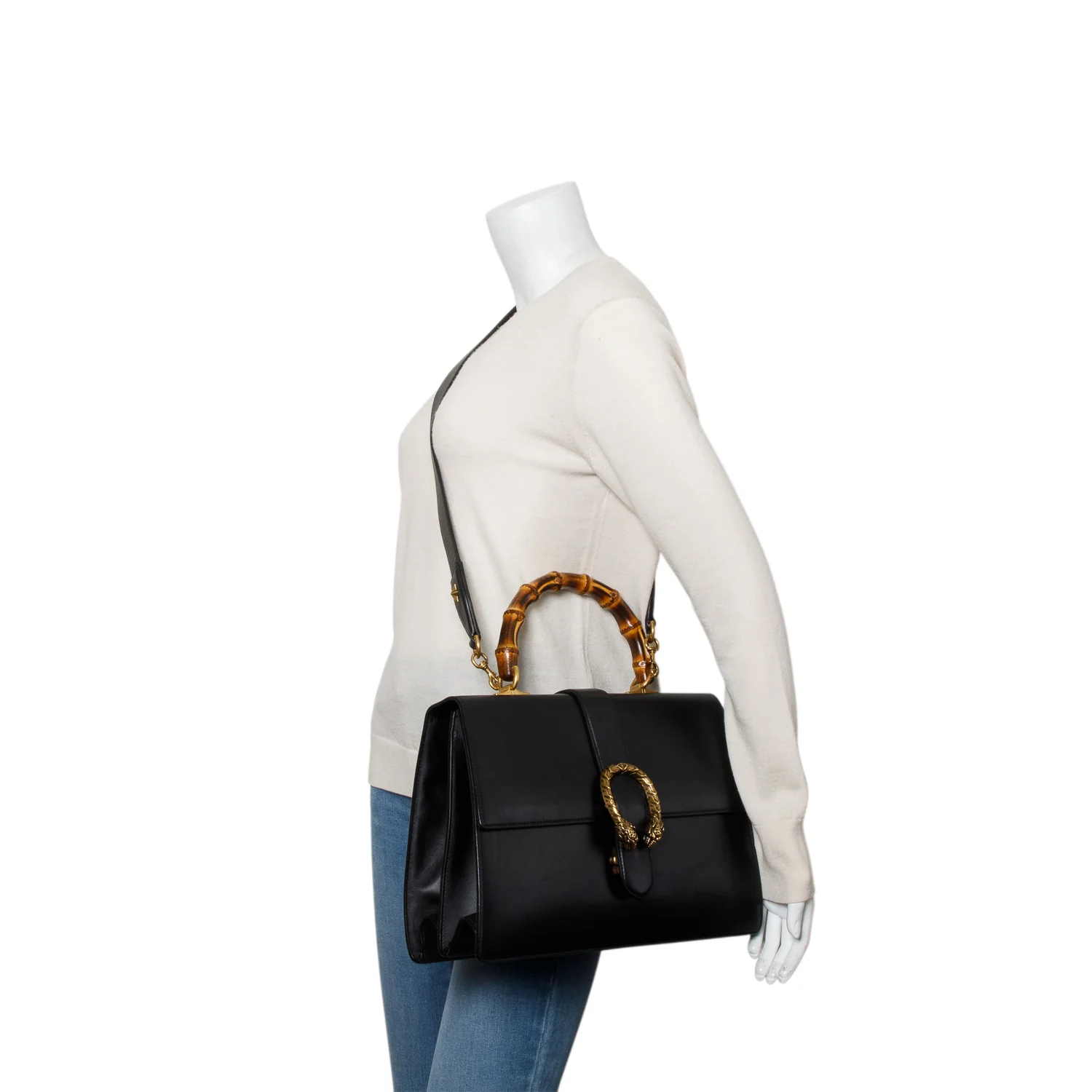 Gucci Black Calfskin Leather Large Dionysus Bamboo Top Handle Bag w/ Strap - Image 2