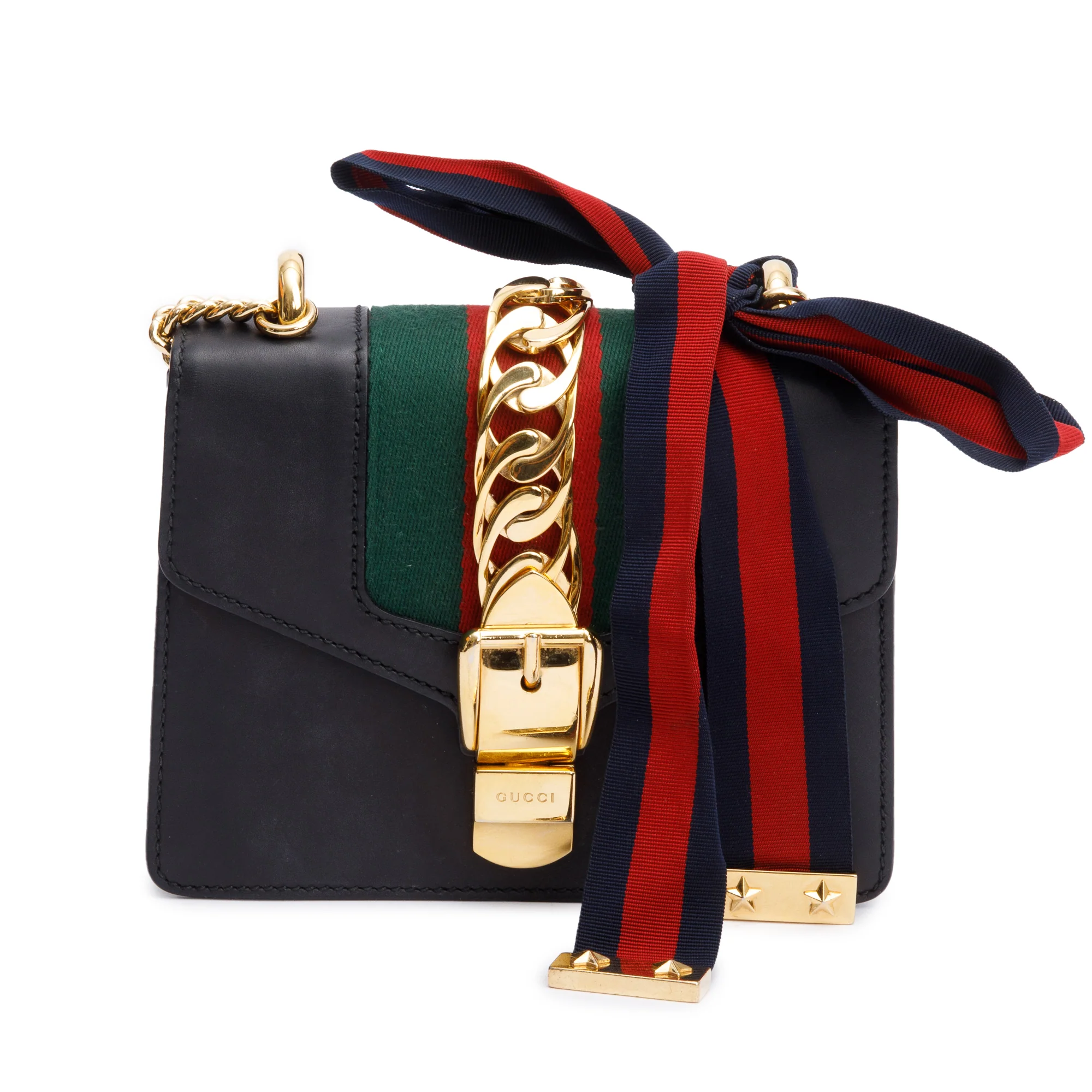 Gucci Black Calfskin Leather Web Mini Sylvie Chain Shoulder Bag - Image 3
