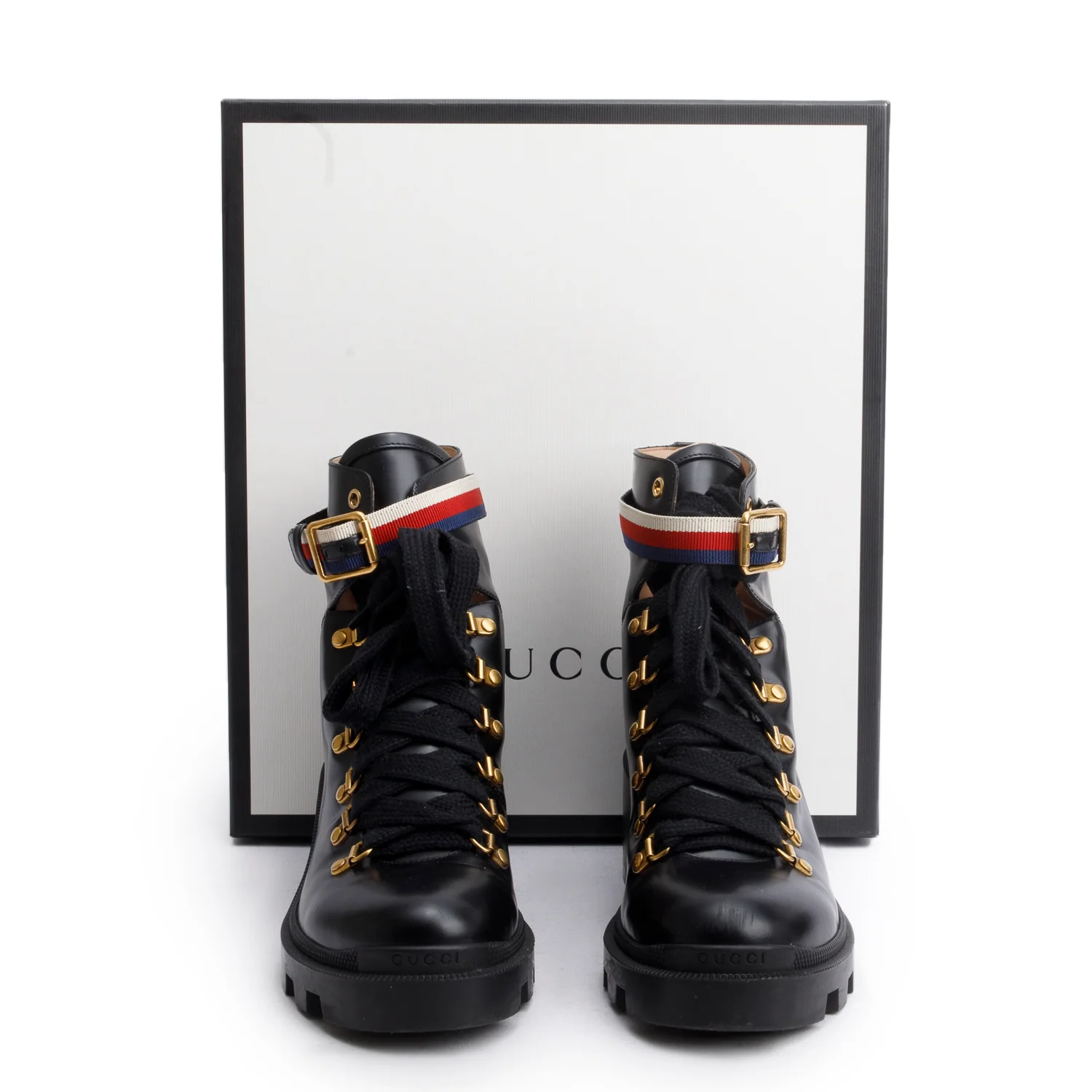 Gucci Black Calfskin Leather Web Slyvie Lace Up Combat Boots, Size 40 w/ Box - Image 2