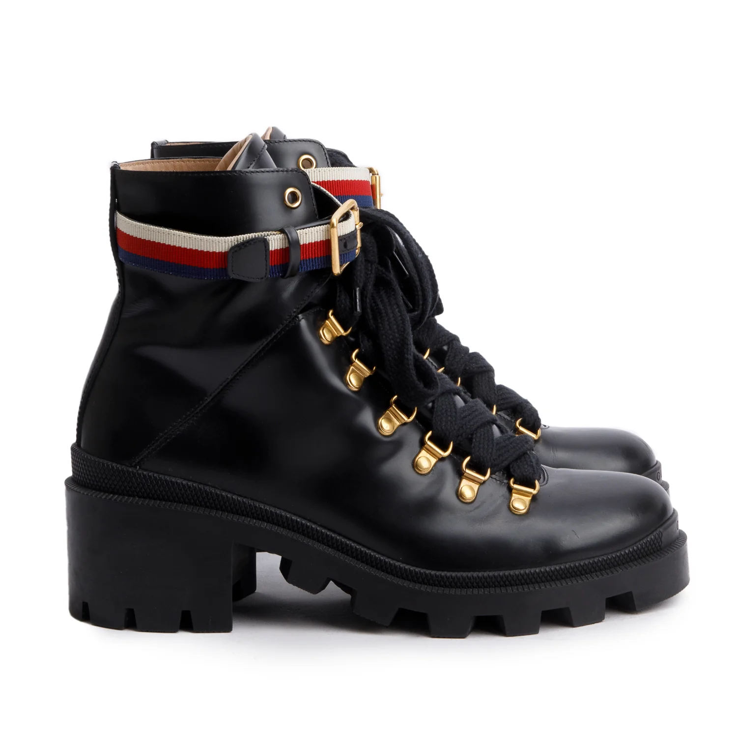 Gucci Black Calfskin Leather Web Slyvie Lace Up Combat Boots, Size 40 w/ Box - Image 3